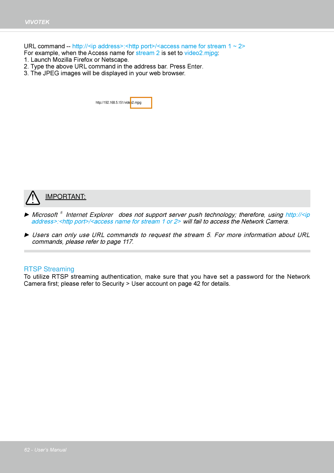 Vivotek IP8335H manual Rtsp Streaming 