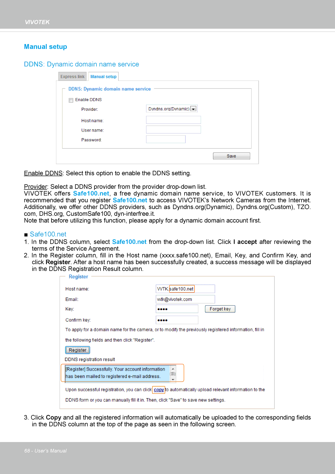 Vivotek IP8335H manual Manual setup, Ddns Dynamic domain name service 