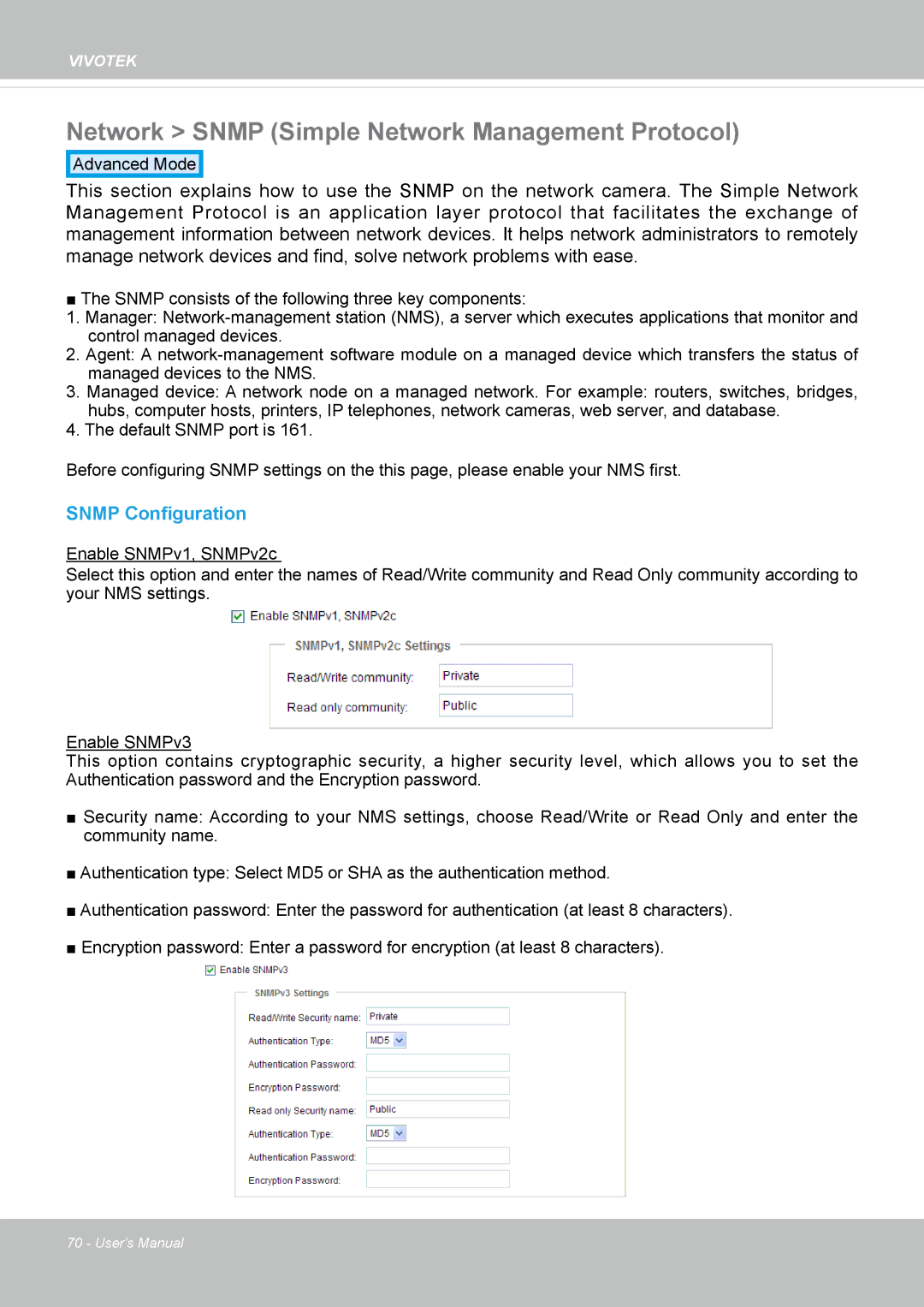 Vivotek IP8335H manual Network Snmp Simple Network Management Protocol, Snmp Configuration 