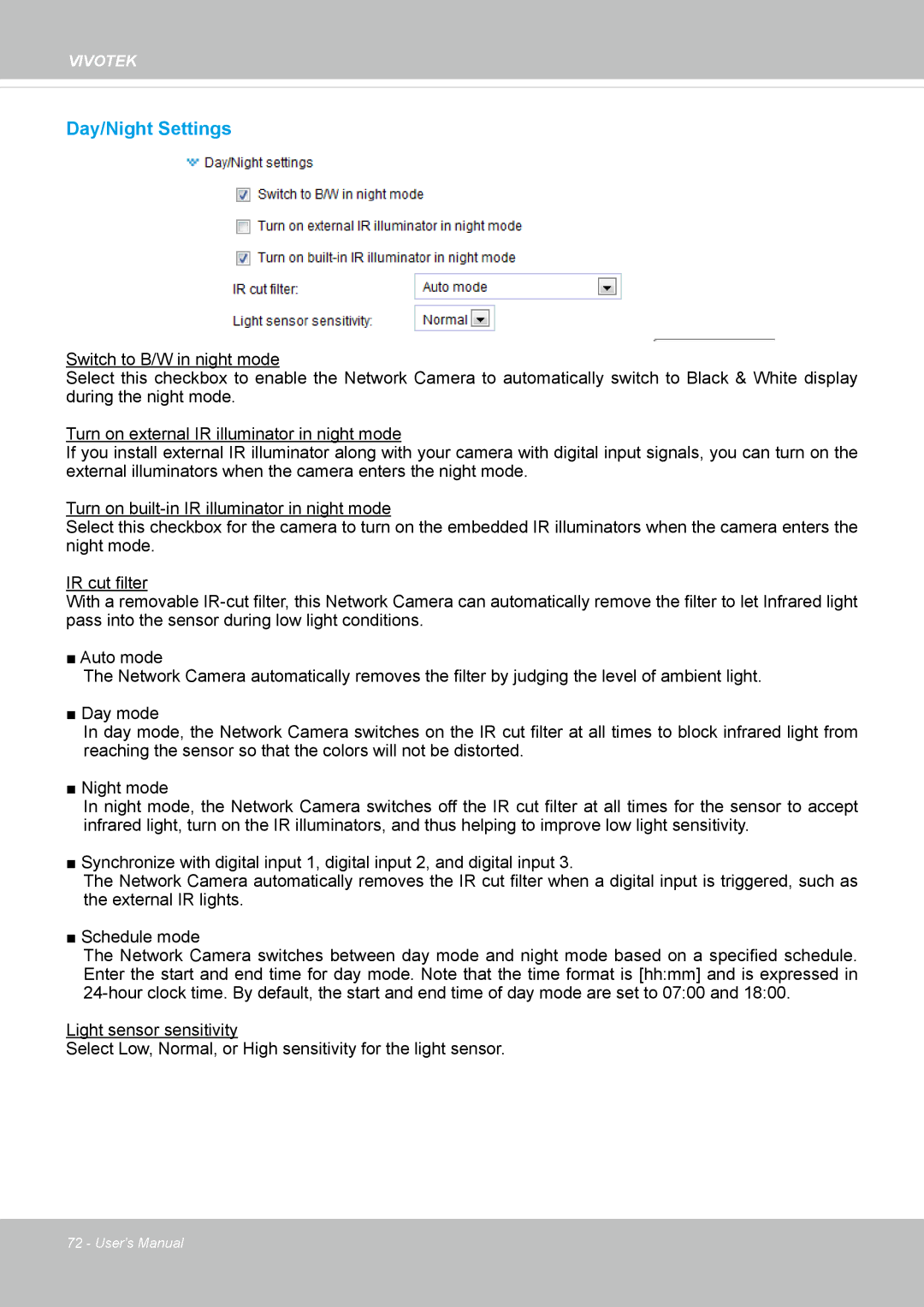 Vivotek IP8335H manual Day/Night Settings 