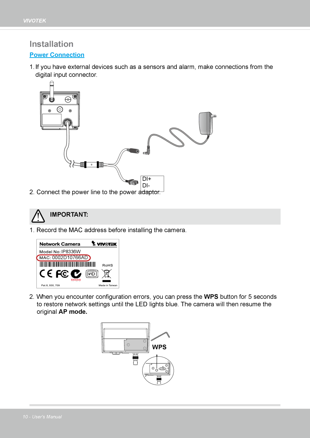 Vivotek IP8336W user manual Installation, Power Connection 