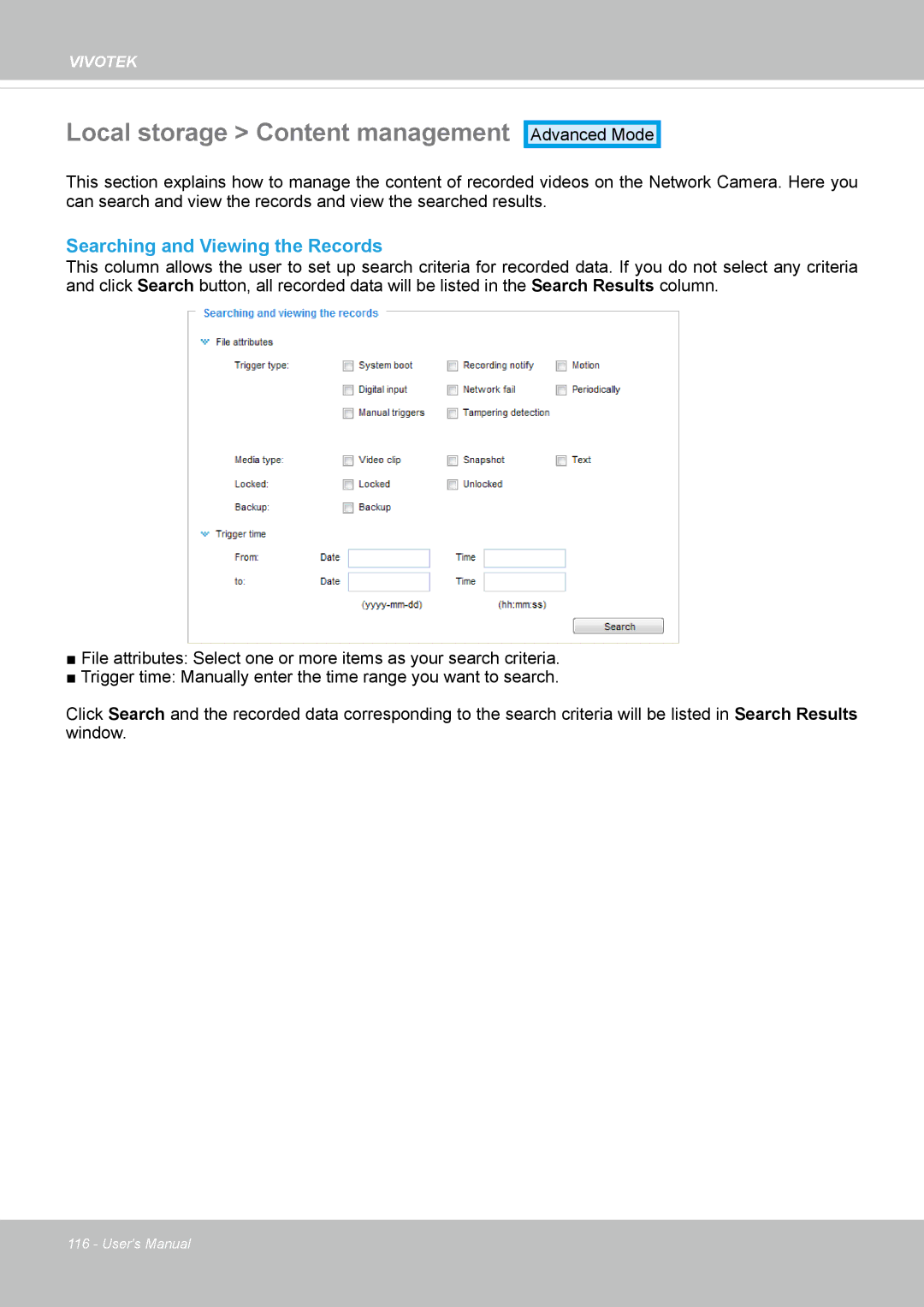 Vivotek IP8336W user manual Local storage Content management, Searching and Viewing the Records 