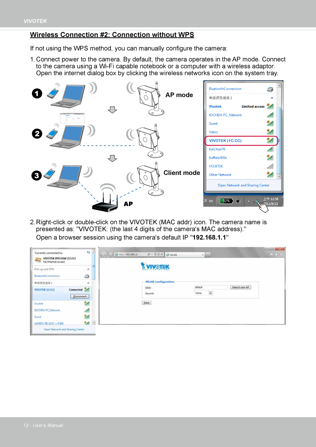 Vivotek IP8336W user manual Wireless Connection #2 Connection without WPS 