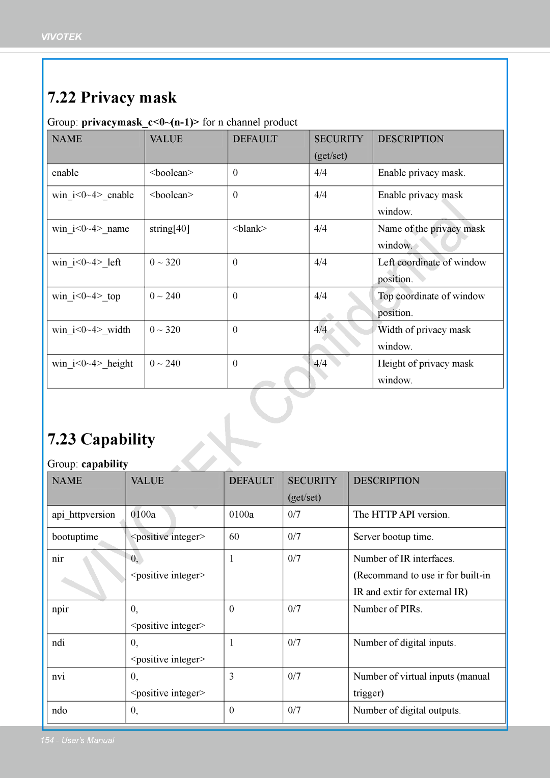 Vivotek IP8336W user manual Privacy mask, Capability, Group privacymaskc0~n-1for n channel product 