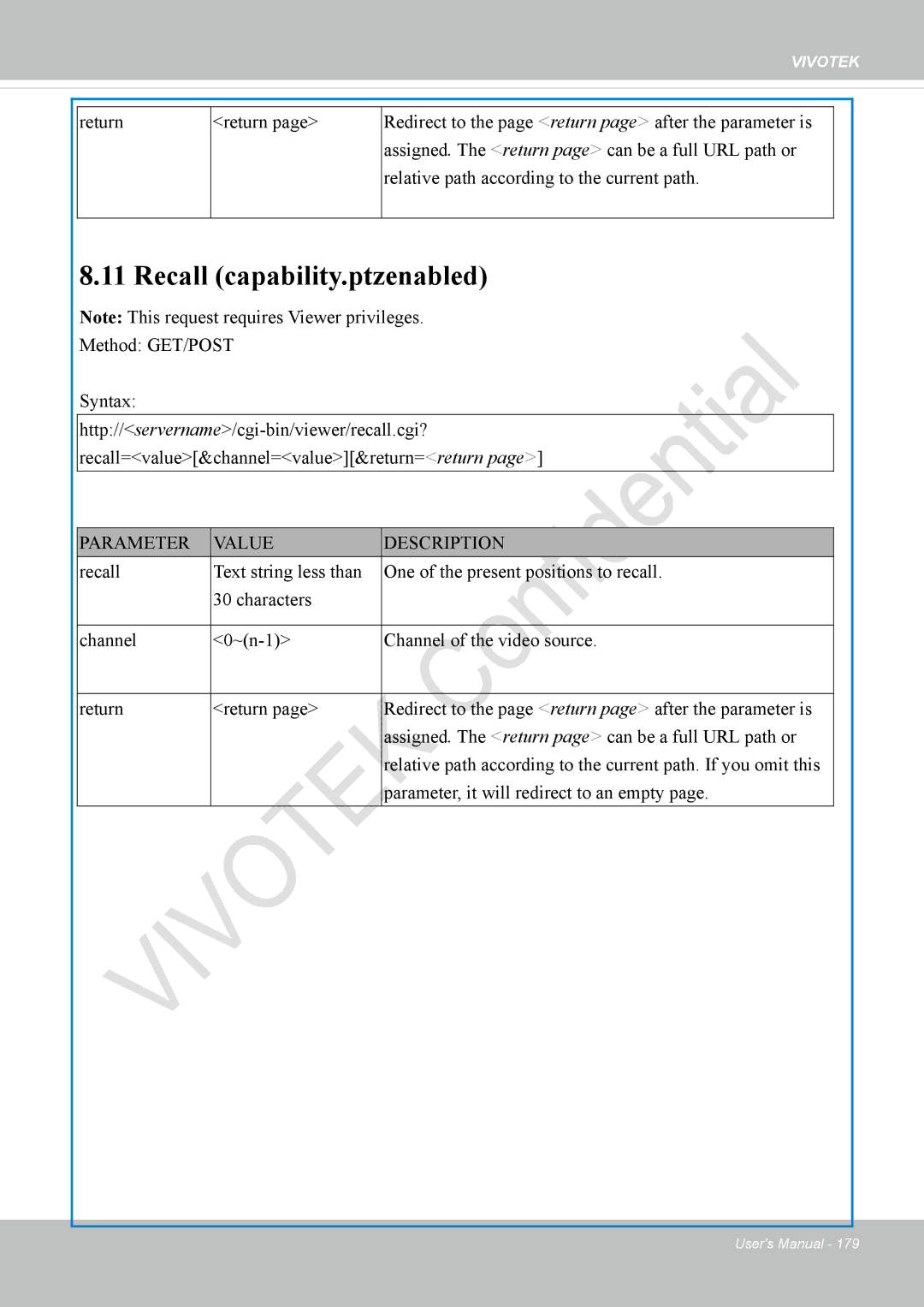 Vivotek IP8336W user manual Recall capability.ptzenabled 