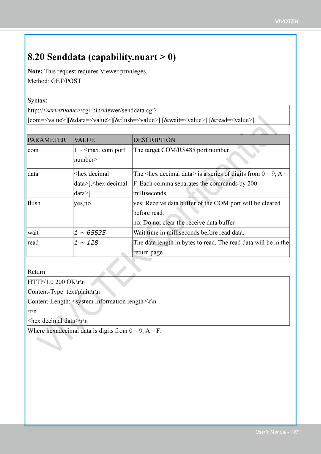 Vivotek IP8336W user manual Senddata capability.nuart 