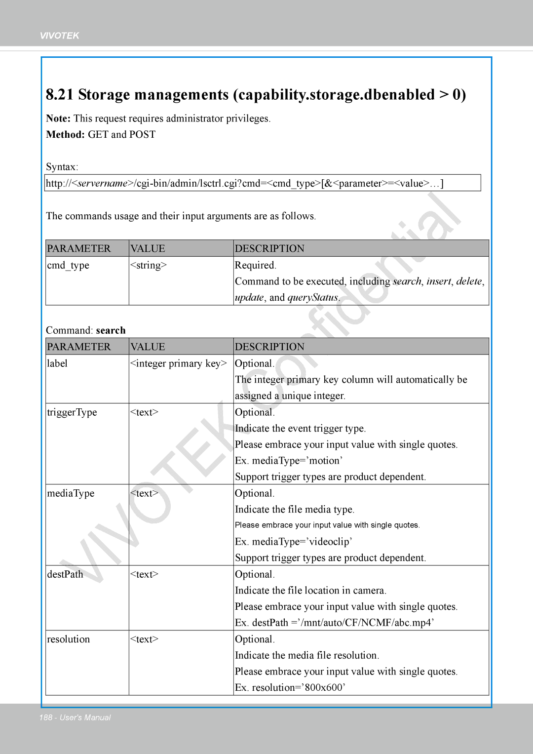 Vivotek IP8336W user manual Storage managements capability.storage.dbenabled, Command search 