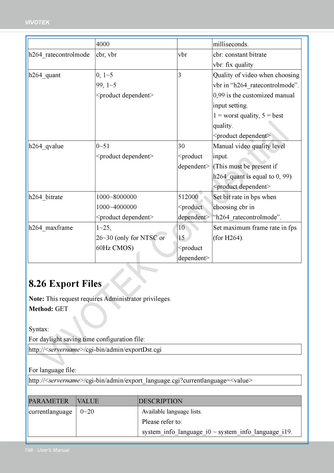 Vivotek IP8336W user manual Export Files, Currentlanguage ~20 