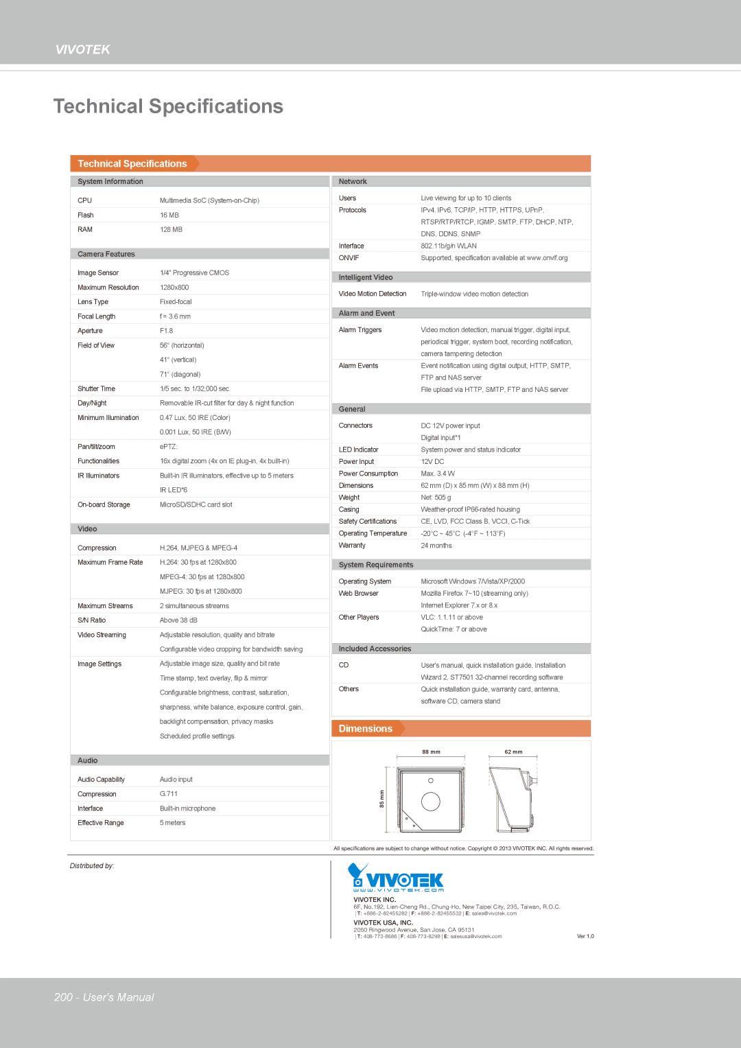 Vivotek IP8336W user manual Technical Specifications 