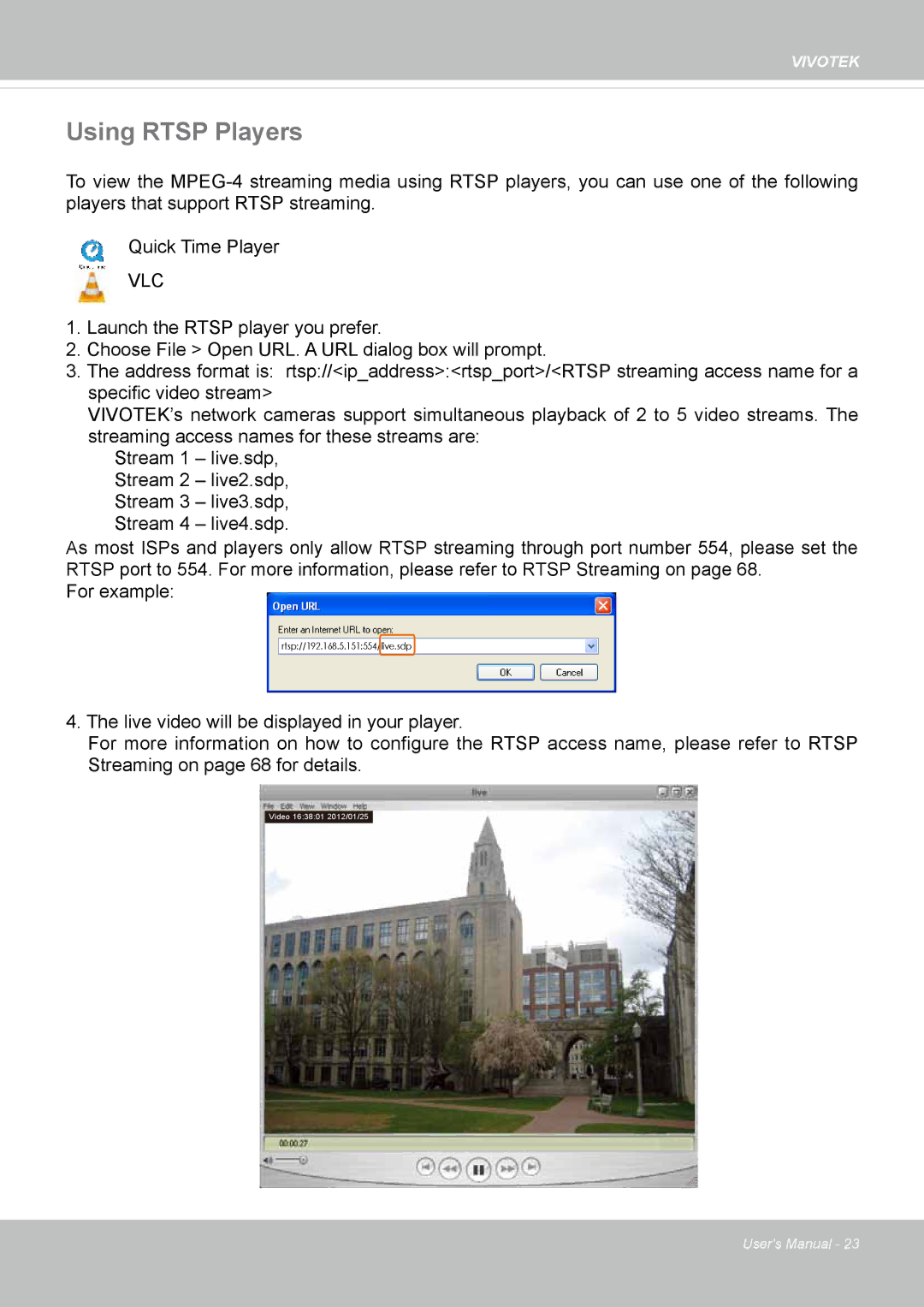 Vivotek IP8336W user manual Using Rtsp Players, Vlc 