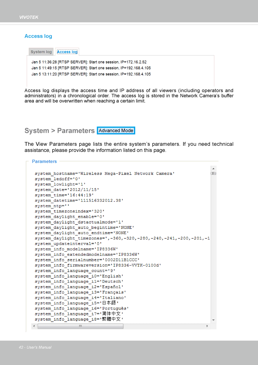 Vivotek IP8336W user manual System Parameters, Access log 