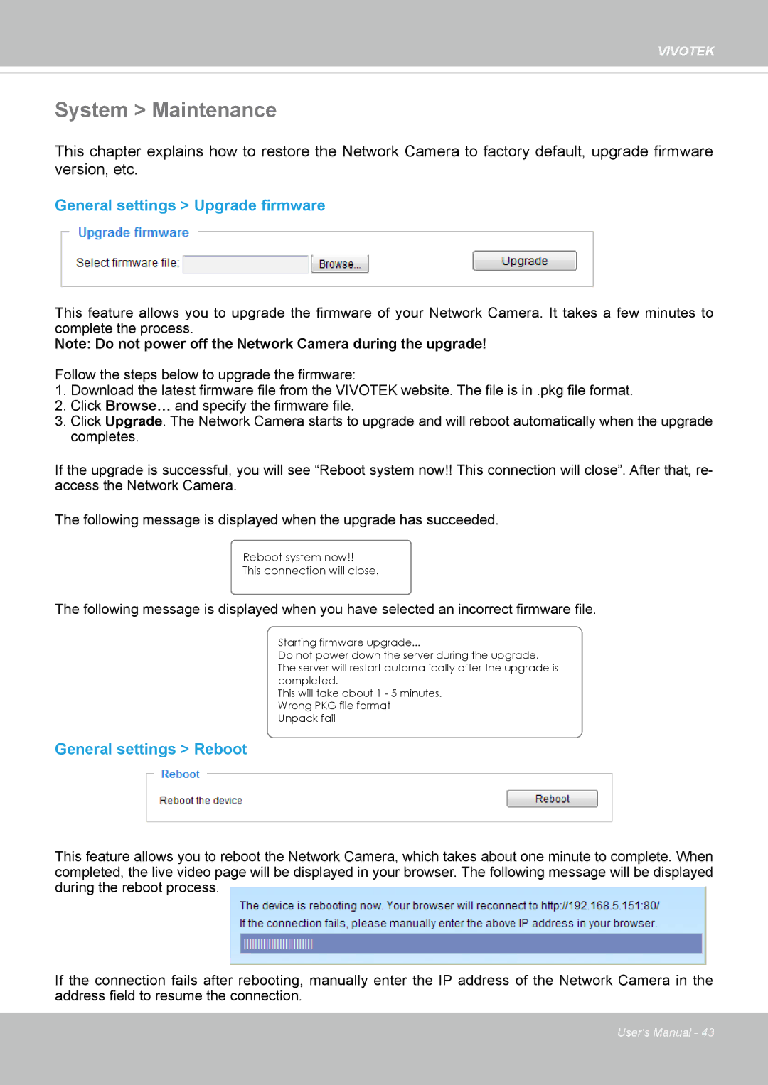 Vivotek IP8336W user manual System Maintenance, General settings Upgrade firmware, General settings Reboot 