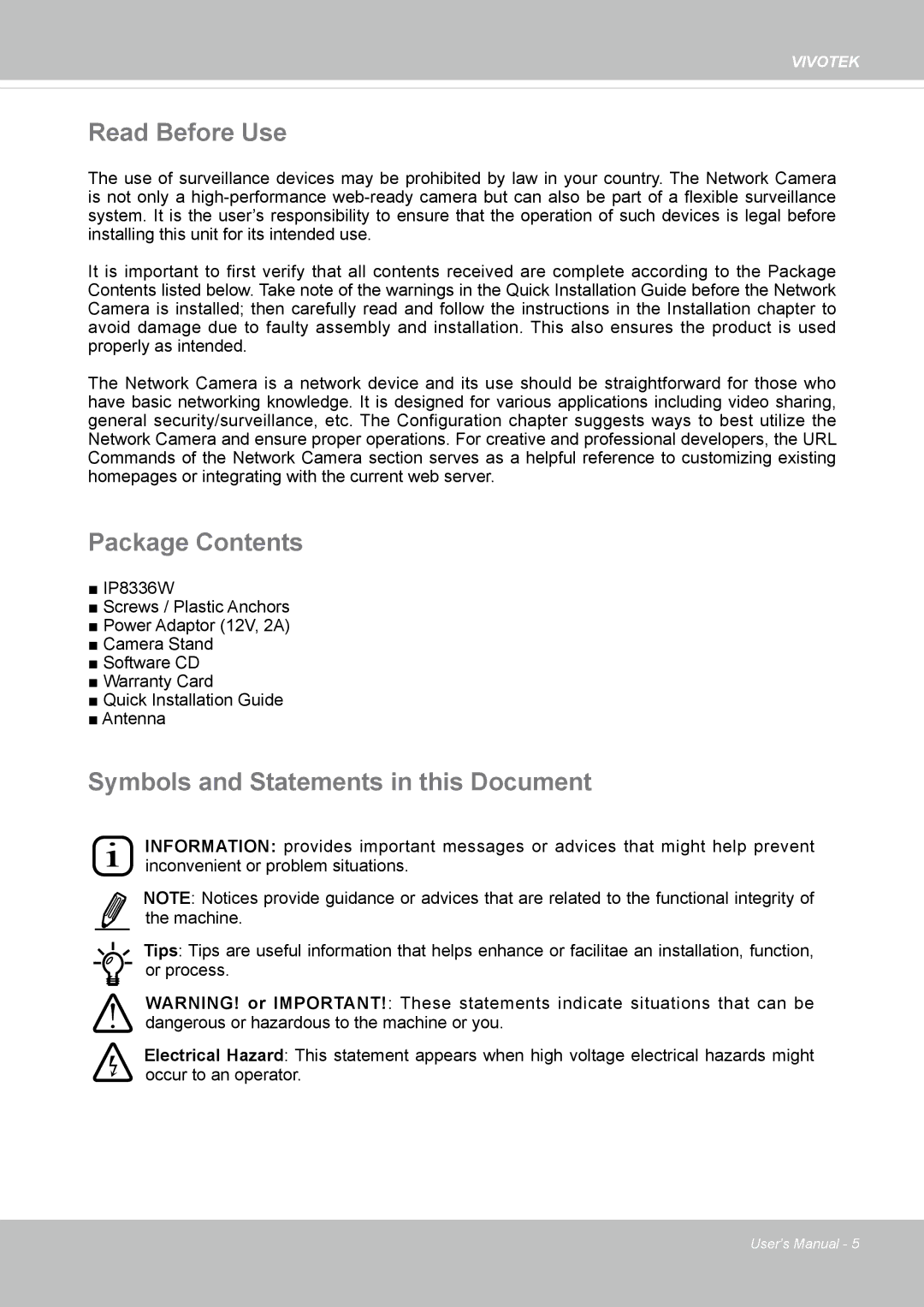 Vivotek IP8336W user manual Read Before Use, Package Contents, Symbols and Statements in this Document 