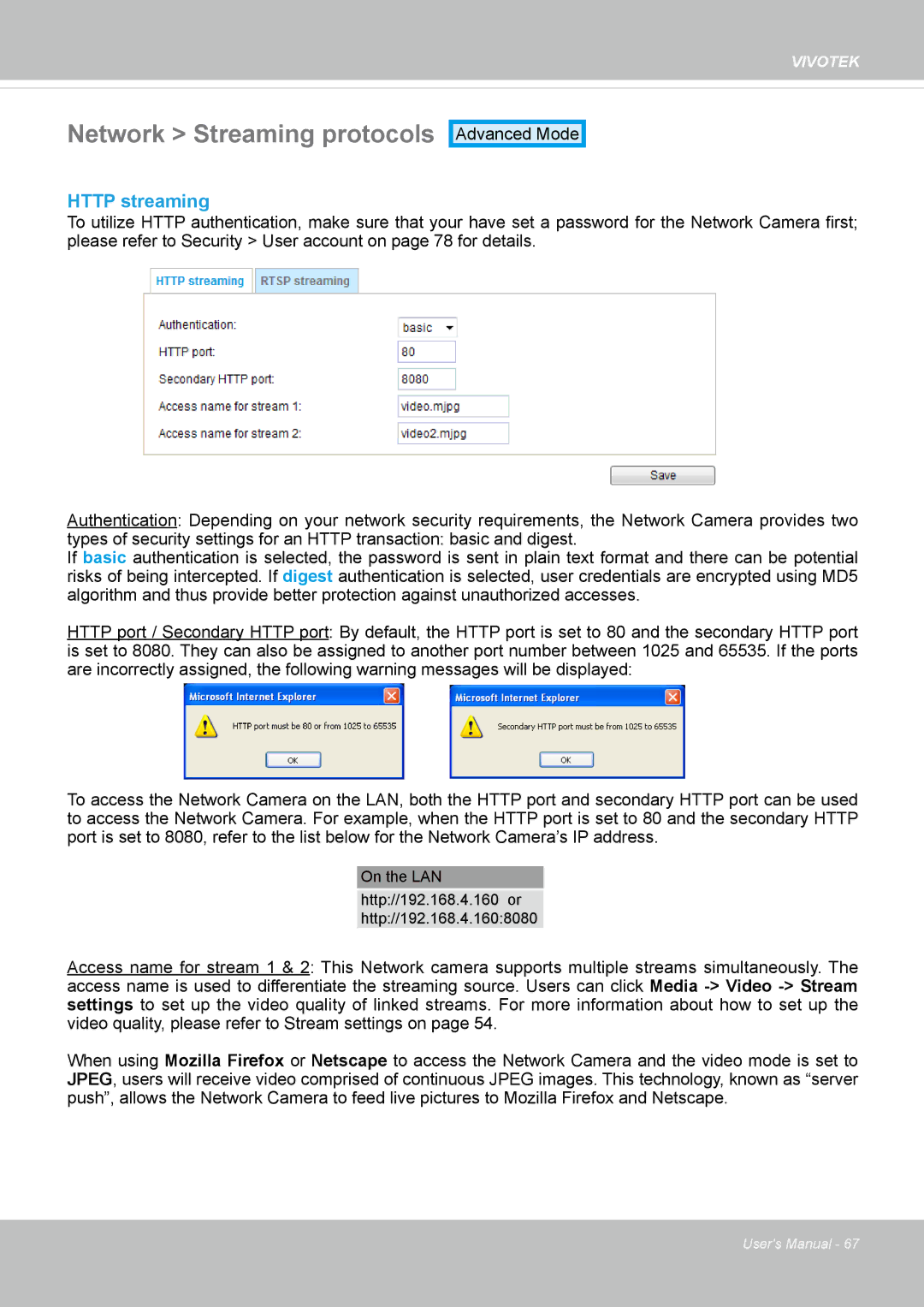 Vivotek IP8336W user manual Network Streaming protocols, Http streaming 