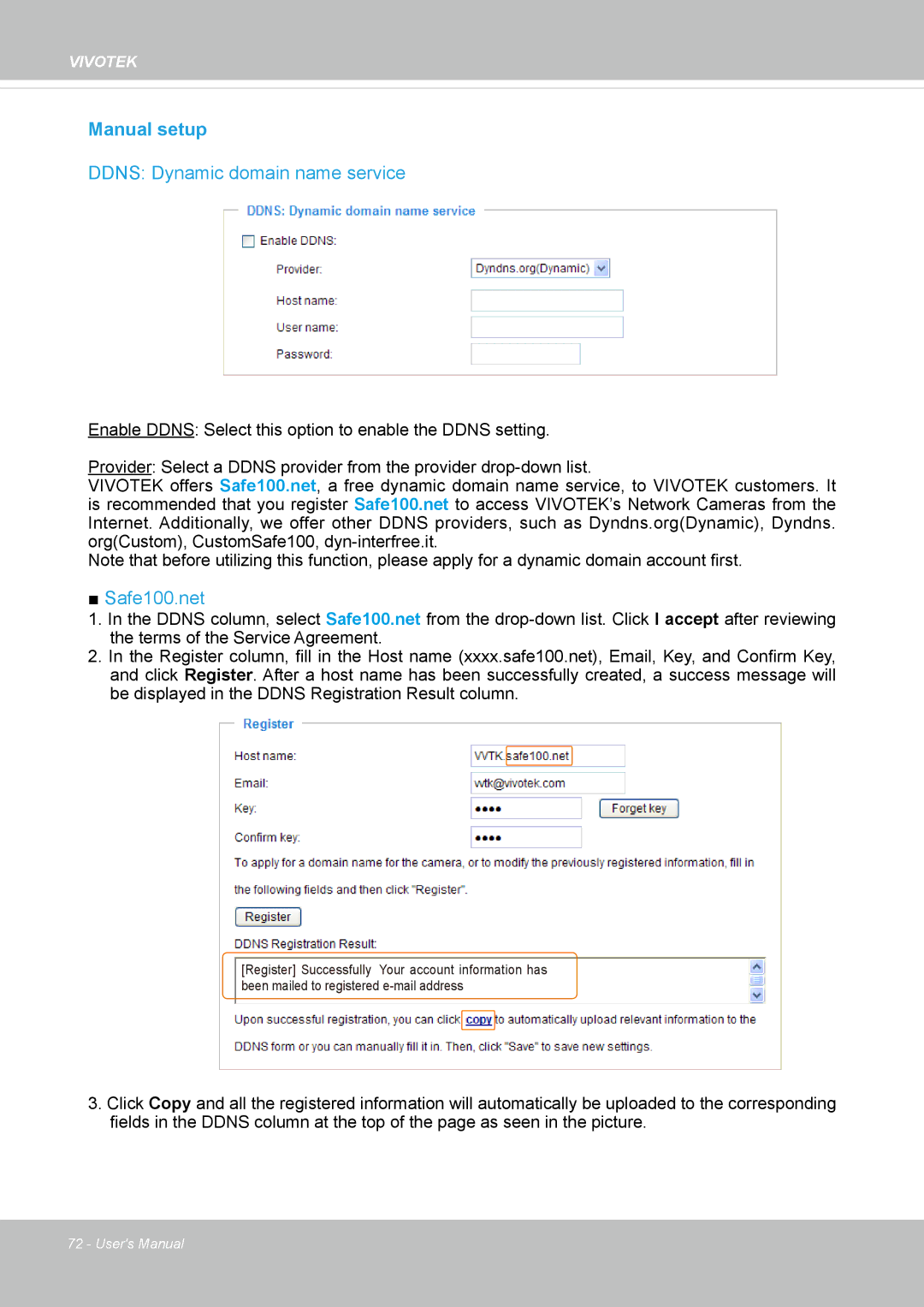 Vivotek IP8336W user manual Manual setup, Ddns Dynamic domain name service 