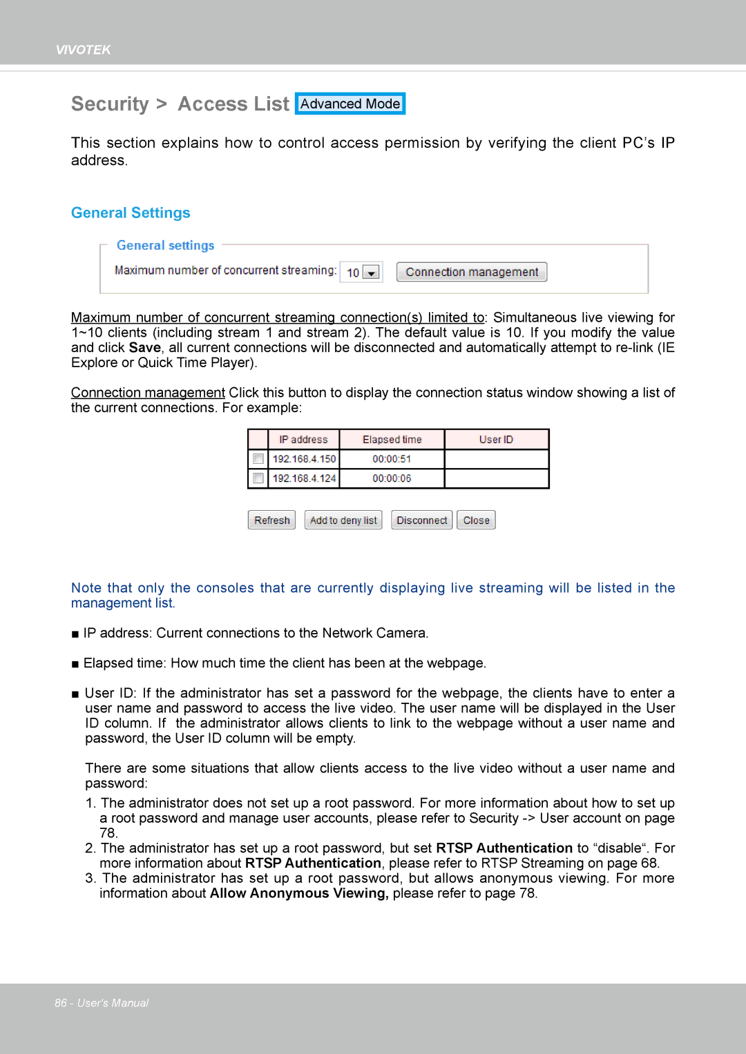 Vivotek IP8336W user manual Security Access List, General Settings 