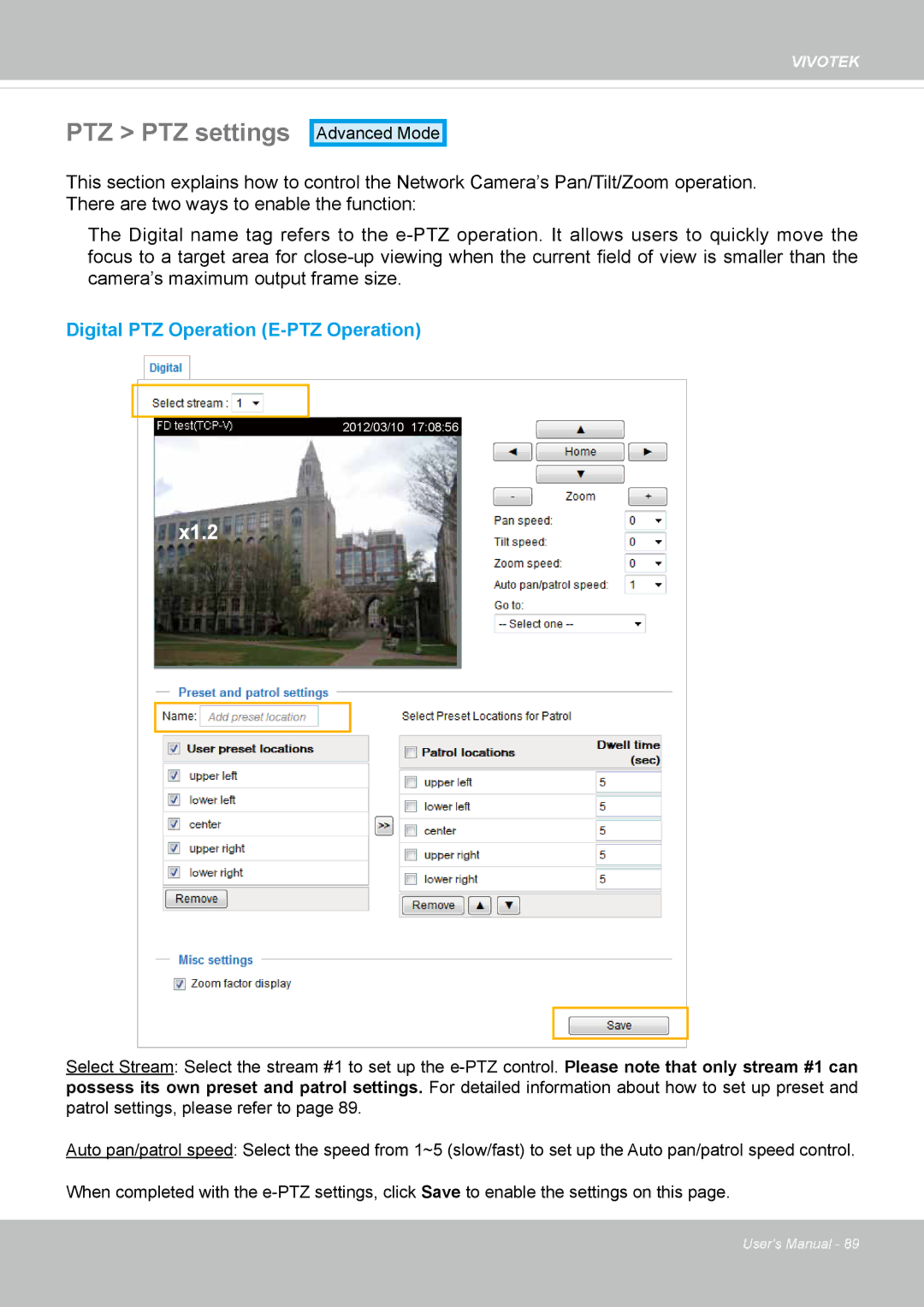 Vivotek IP8336W user manual PTZ PTZ settings, X1.2 