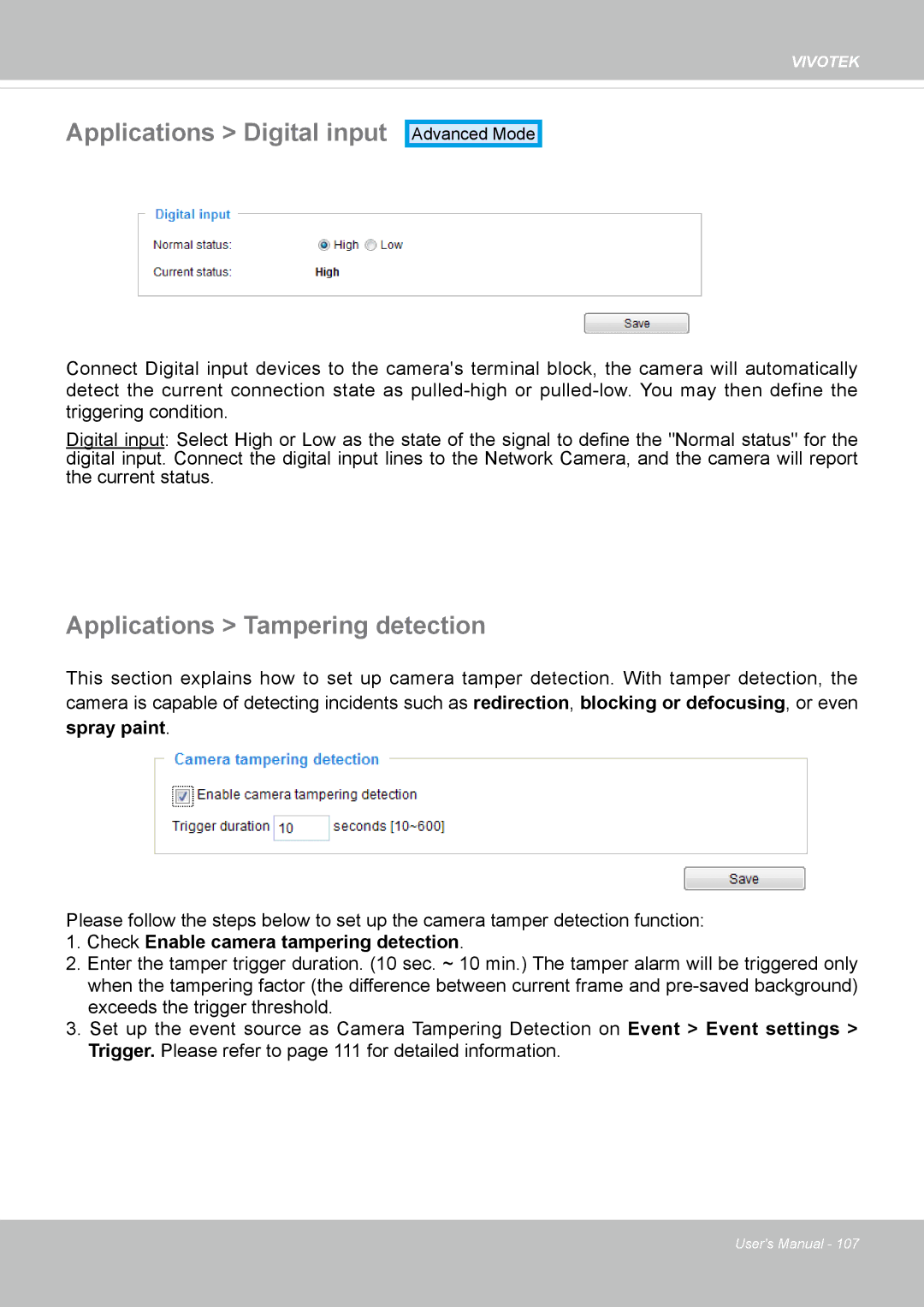 Vivotek IP8337H-C user manual Applications Digital input, Applications Tampering detection 