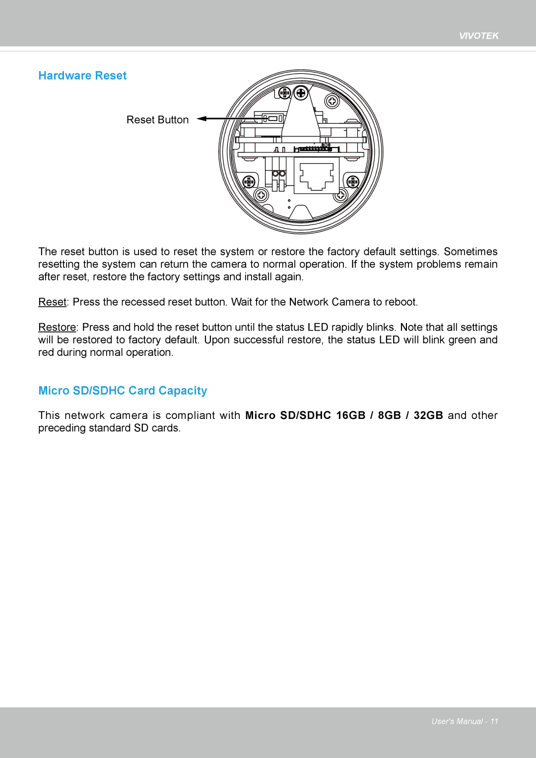 Vivotek IP8337H-C user manual Hardware Reset 