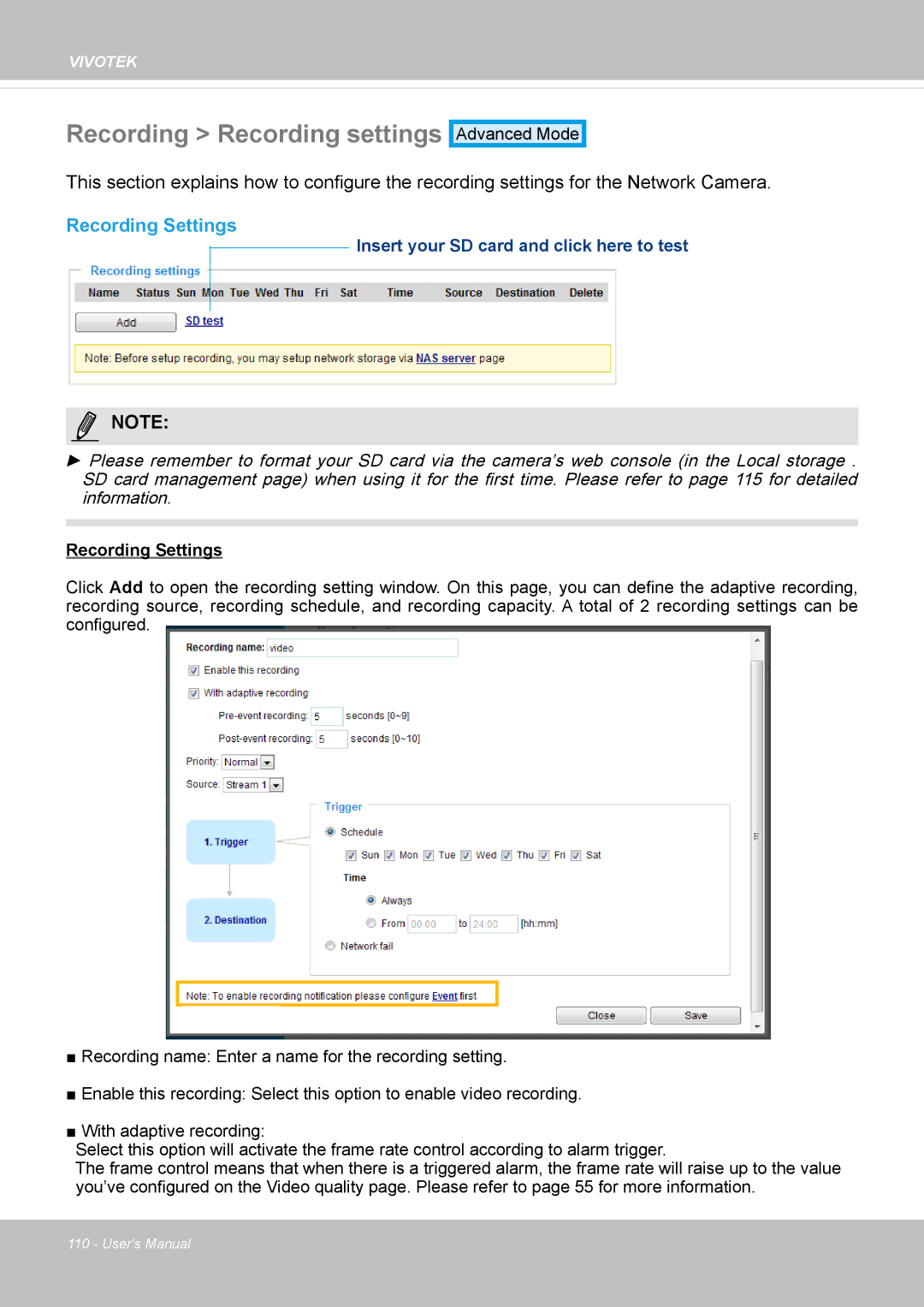 Vivotek IP8337H-C user manual Recording Recording settings, Recording Settings 