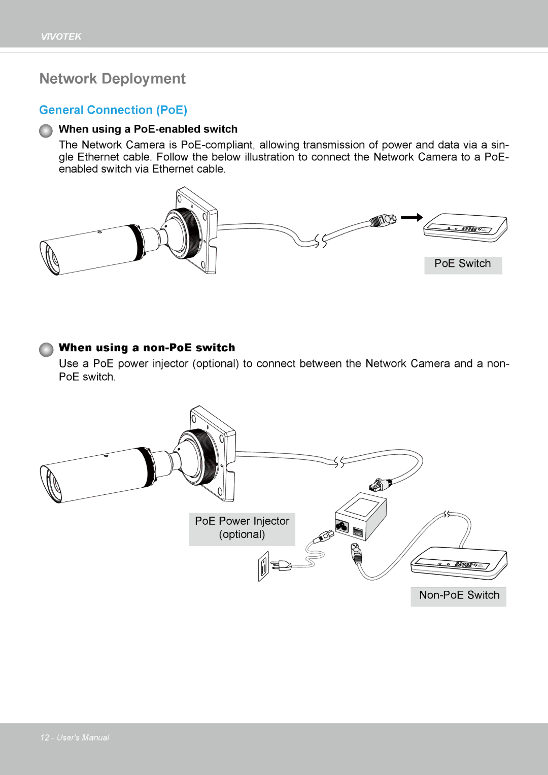 Vivotek IP8337H-C user manual Network Deployment, General Connection PoE 