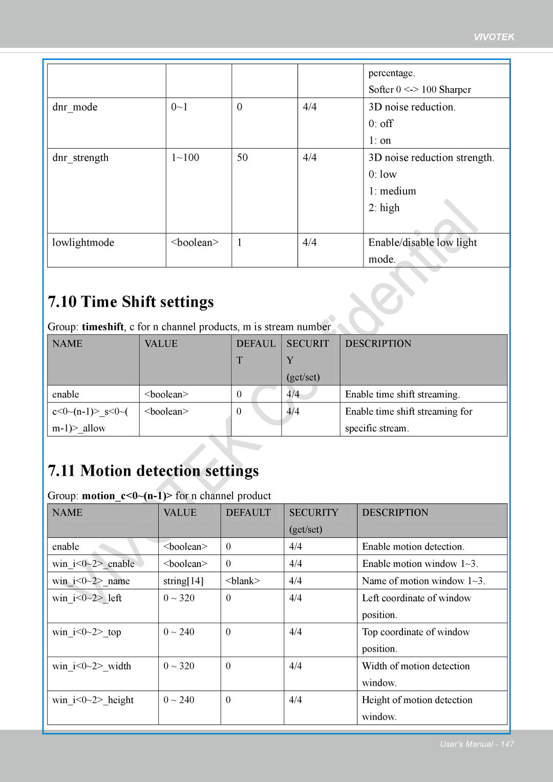 Vivotek IP8337H-C user manual Time Shift settings, Motion detection settings, Group motionc0~n-1for n channel product 