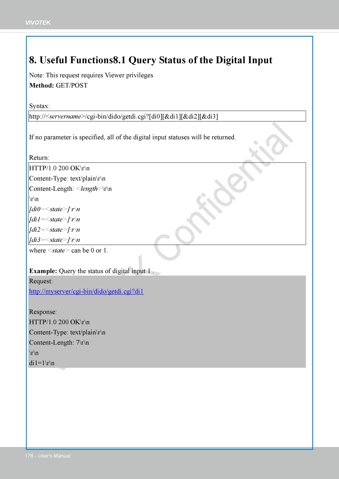 Vivotek IP8337H-C user manual Useful Functions8.1 Query Status of the Digital Input 