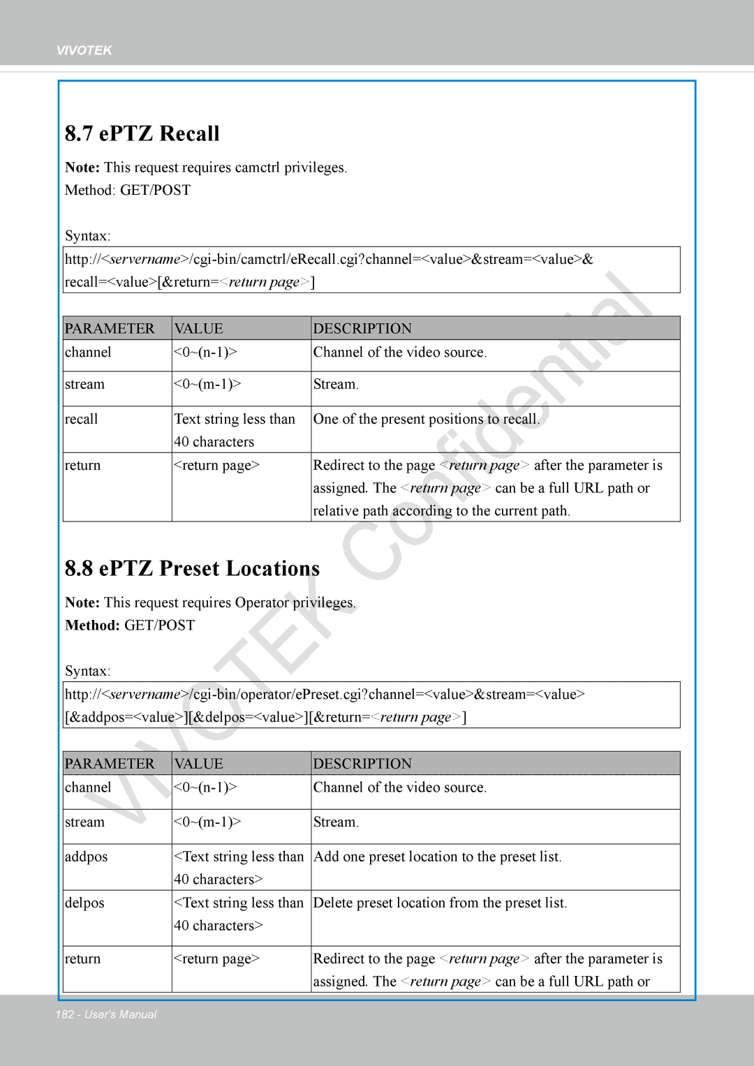 Vivotek IP8337H-C user manual EPTZ Recall, EPTZ Preset Locations 