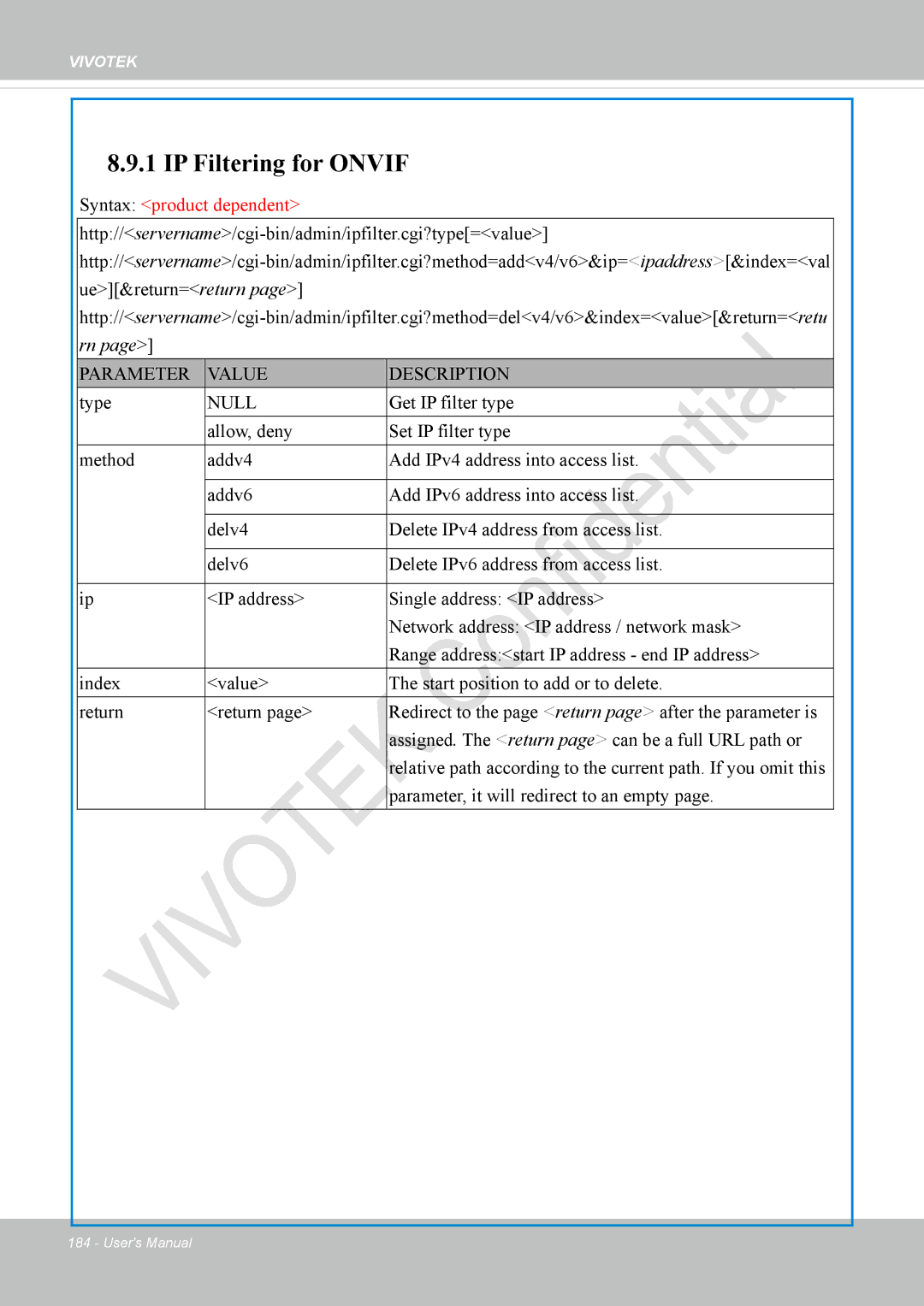 Vivotek IP8337H-C user manual IP Filtering for Onvif 