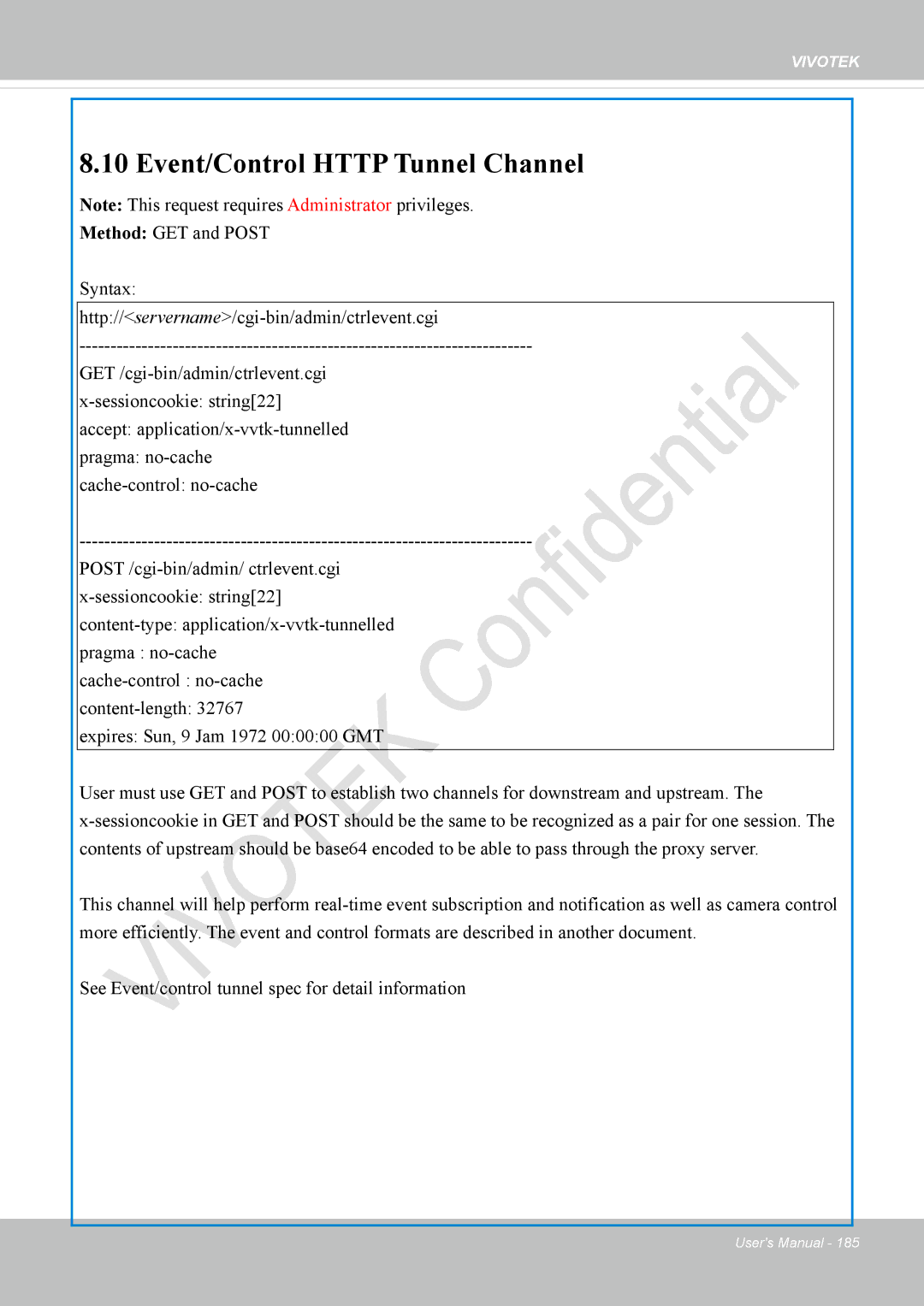 Vivotek IP8337H-C user manual Event/Control Http Tunnel Channel 