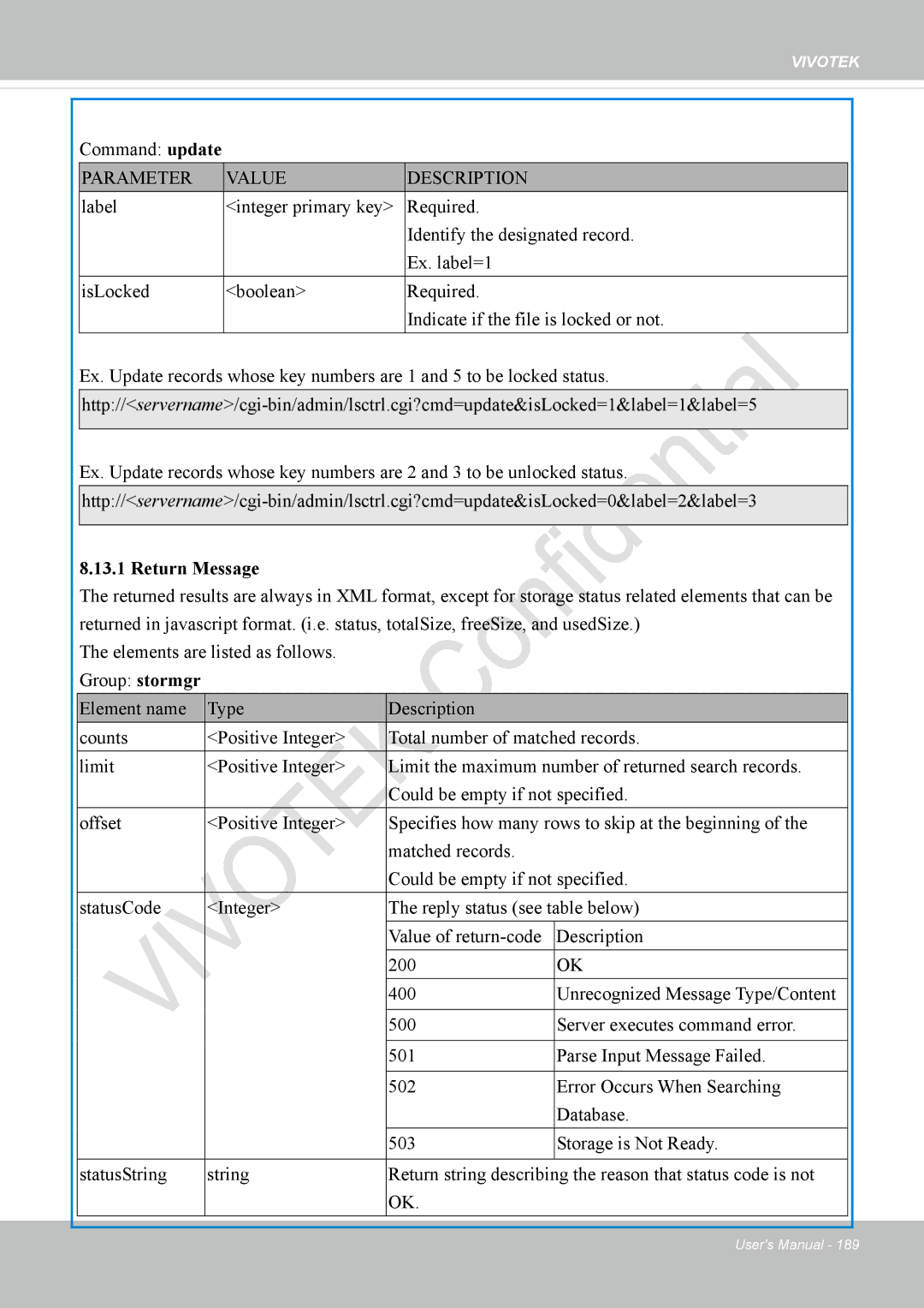 Vivotek IP8337H-C user manual Command update, Return Message 