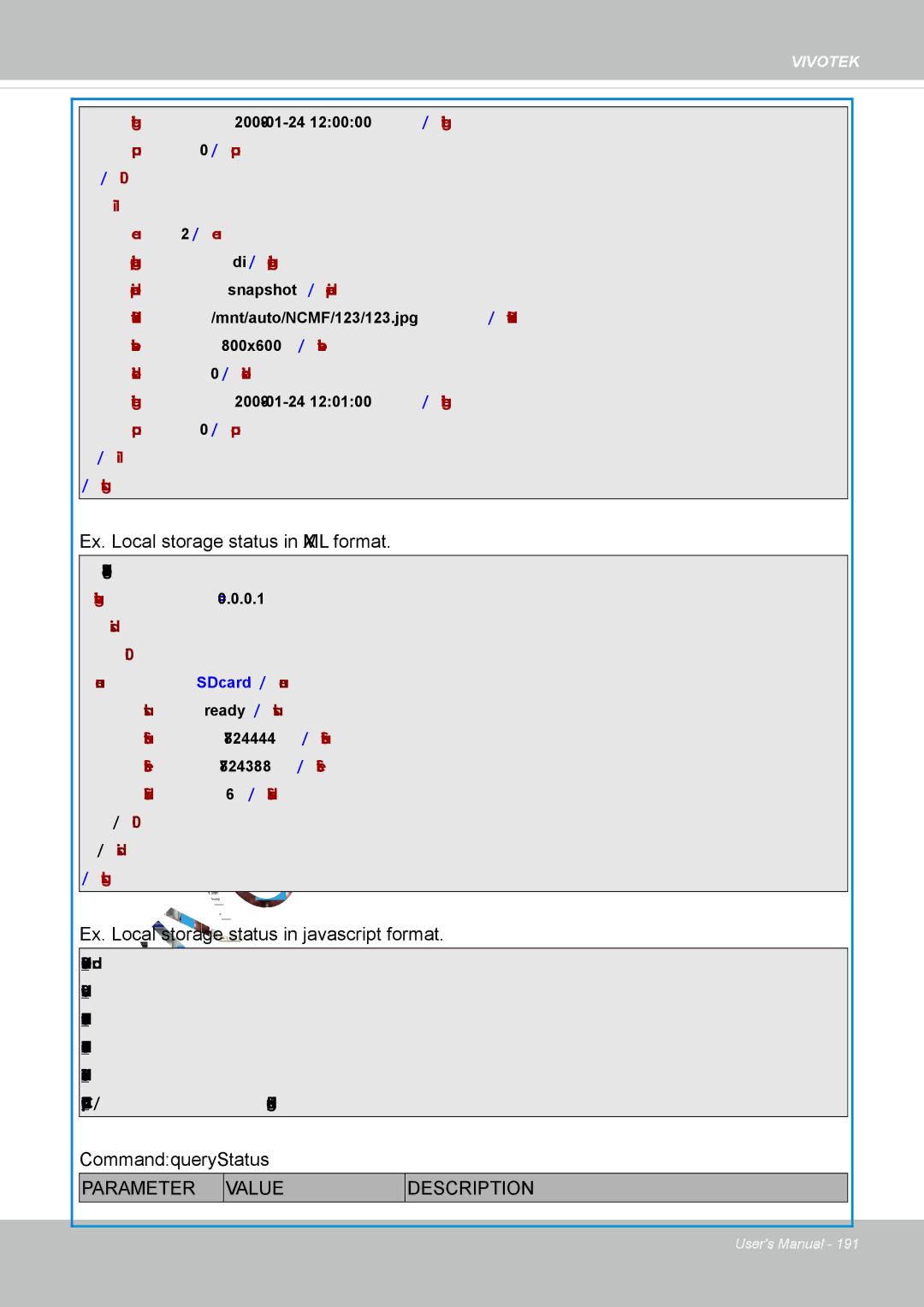 Vivotek IP8337H-C user manual Ex. Local storage status in XML format, Ex. Local storage status in javascript format 