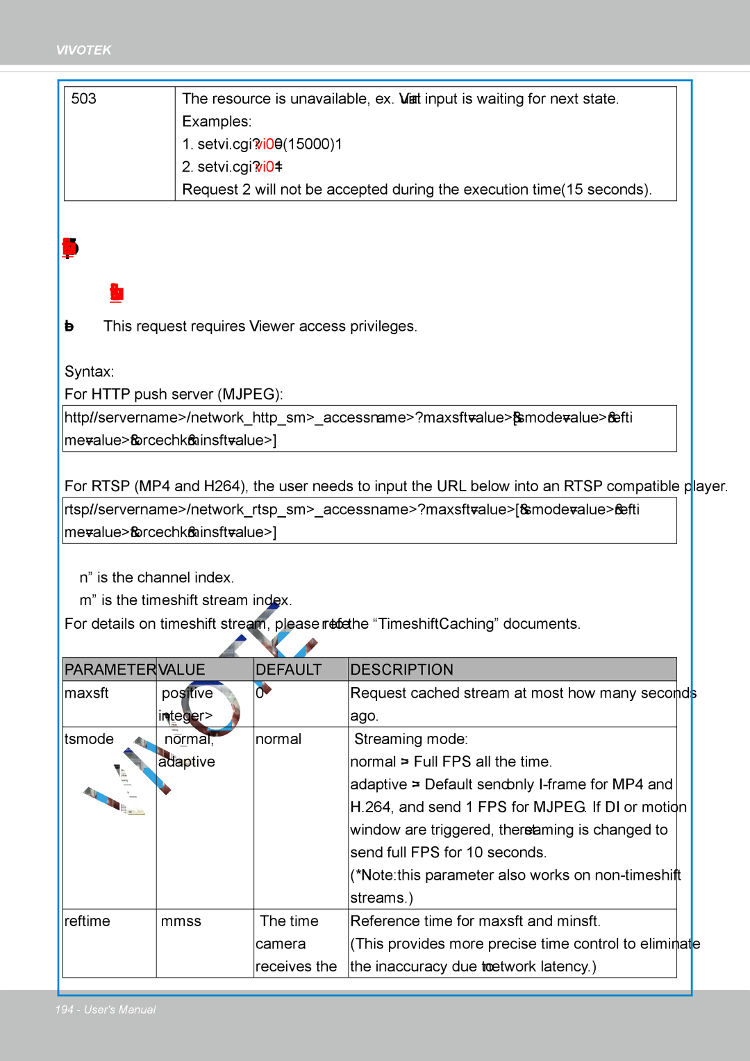 Vivotek IP8337H-C user manual Open Timeshift Stream timeshiftenable=1, Timeshiftcnsmallow=1 