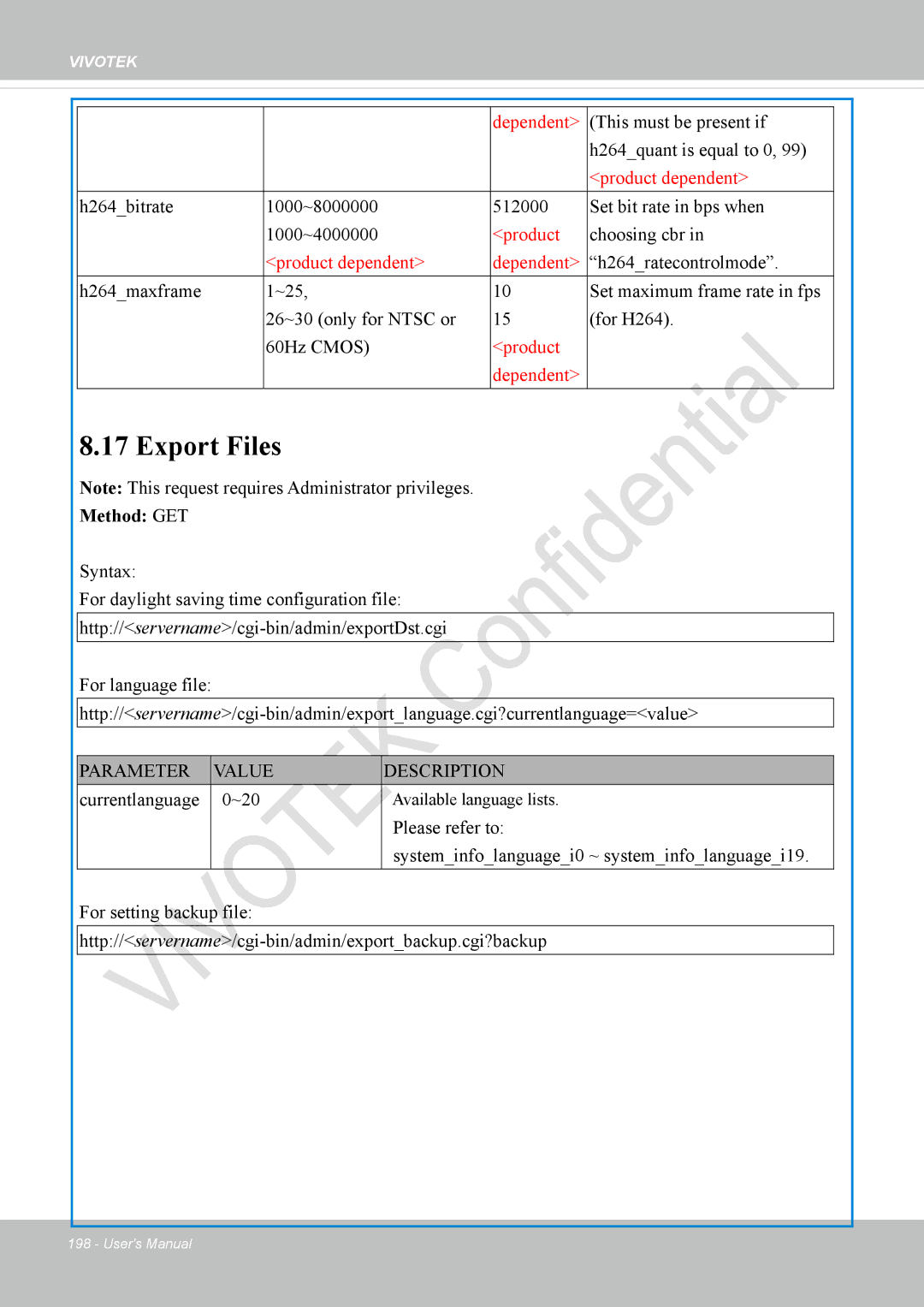 Vivotek IP8337H-C user manual Export Files, H264quant is equal to 0, Currentlanguage ~20 