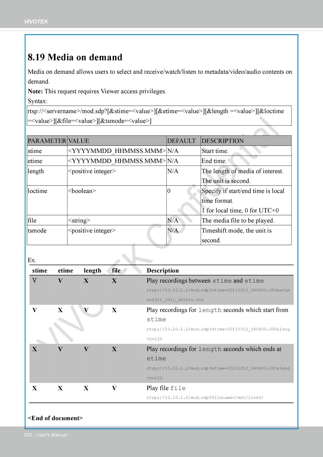 Vivotek IP8337H-C Media on demand, Play recordings for length seconds which start from, Play file file, End of document 