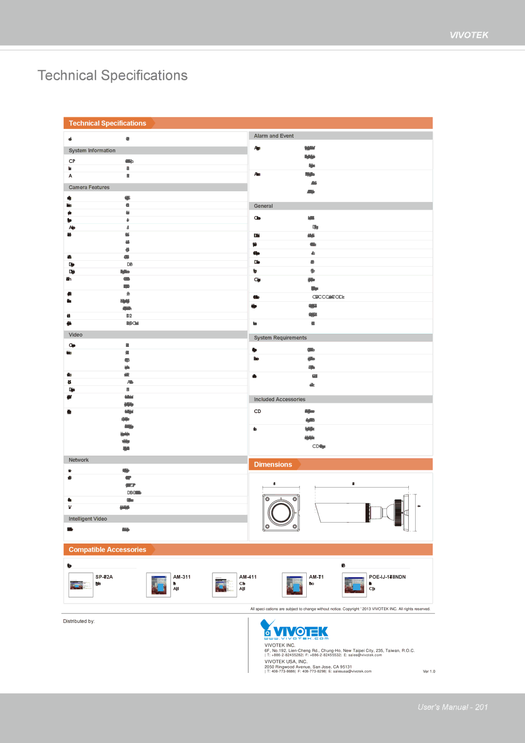 Vivotek IP8337H-C user manual Technical Specifications 