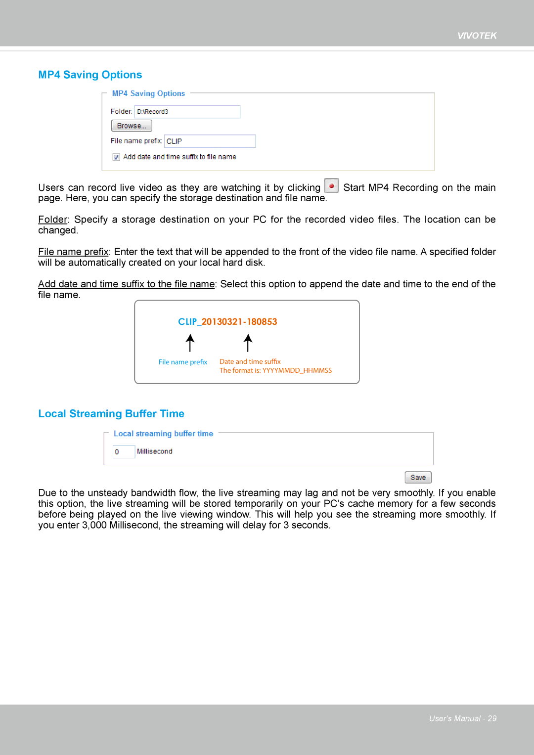 Vivotek IP8337H-C user manual MP4 Saving Options 