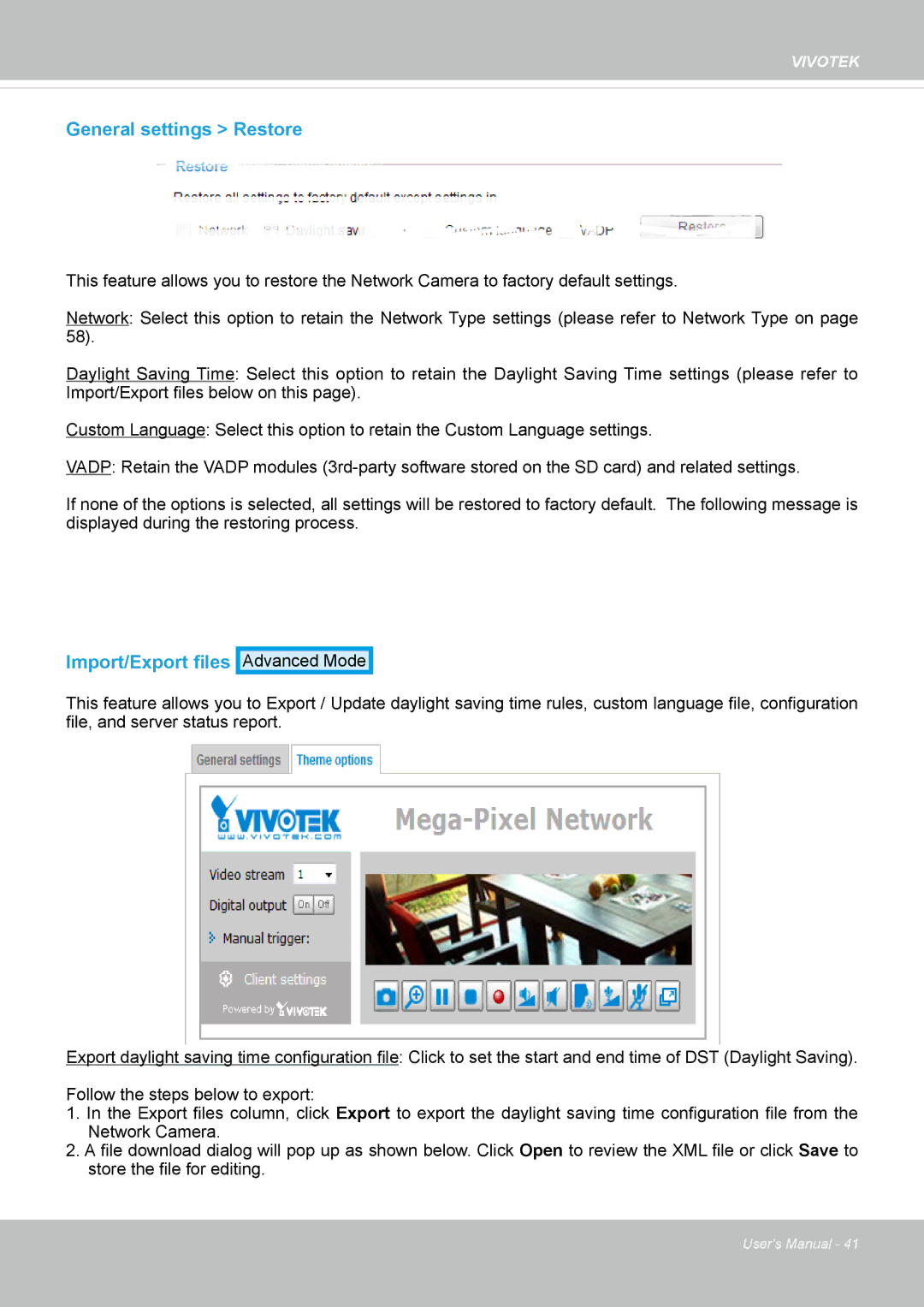 Vivotek IP8337H-C user manual General settings Restore, Import/Export files 