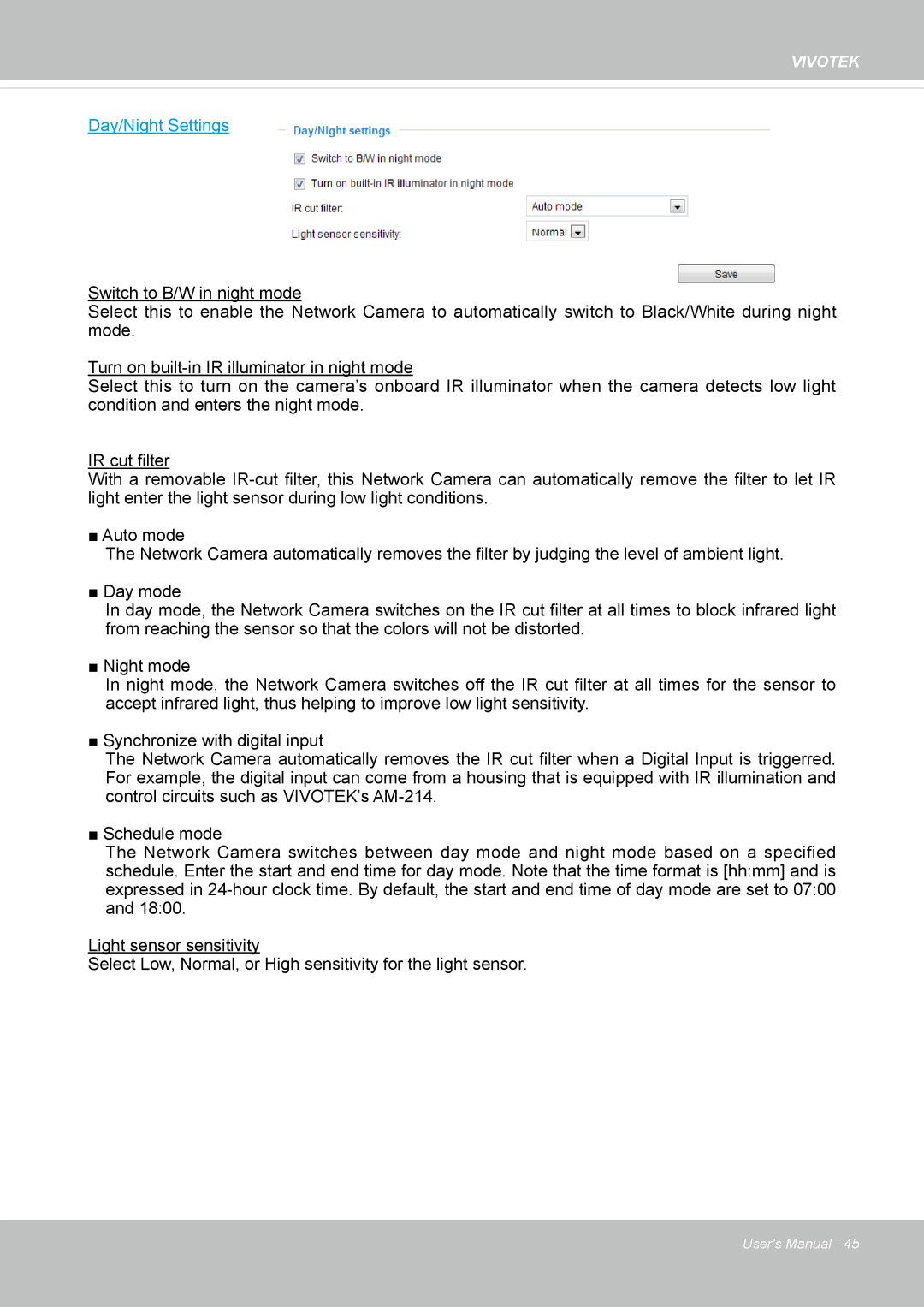 Vivotek IP8337H-C user manual Day/Night Settings 