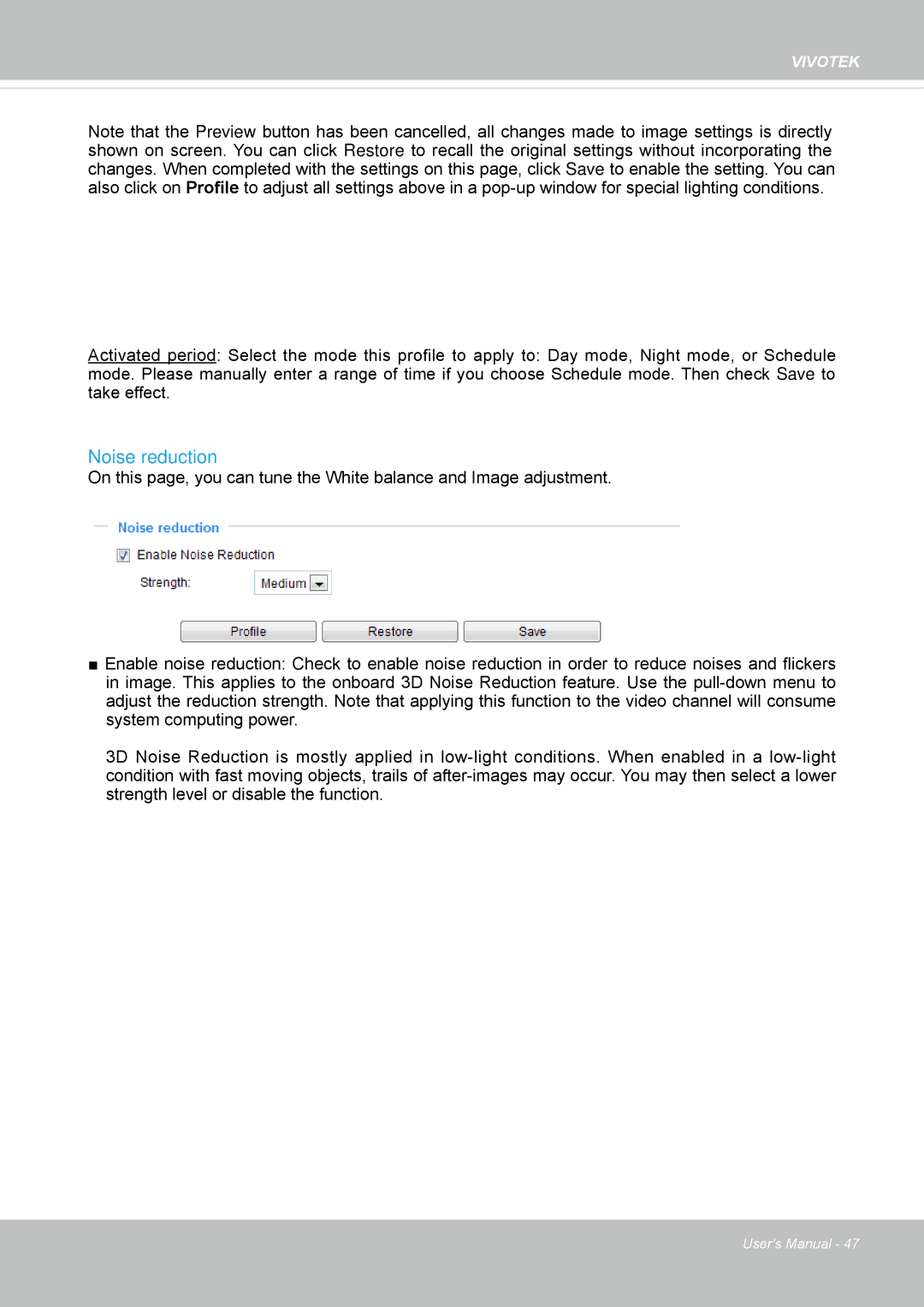 Vivotek IP8337H-C user manual Noise reduction 