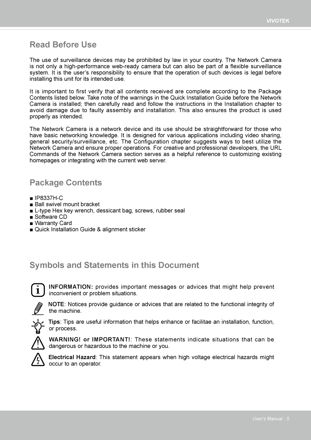 Vivotek IP8337H-C user manual Read Before Use, Package Contents, Symbols and Statements in this Document 