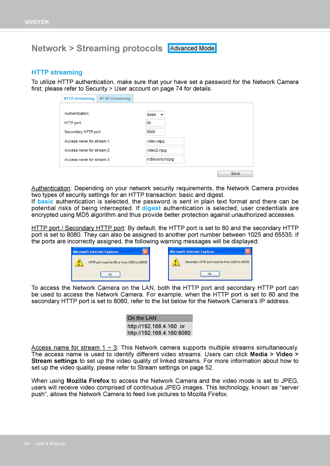 Vivotek IP8337H-C user manual Network Streaming protocols, Http streaming 