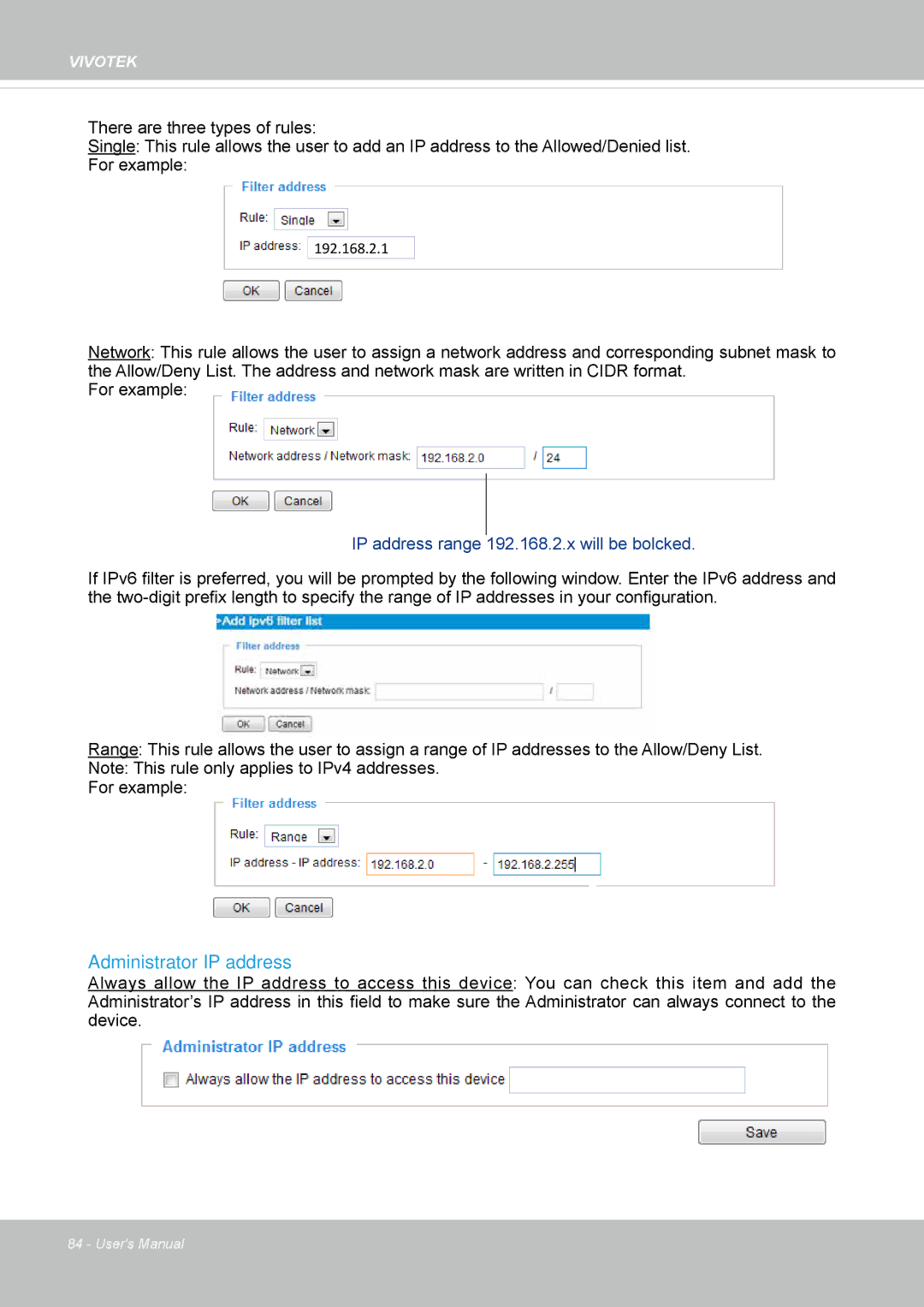 Vivotek IP8337H-C user manual Administrator IP address, IP address range 192.168.2.x will be bolcked 