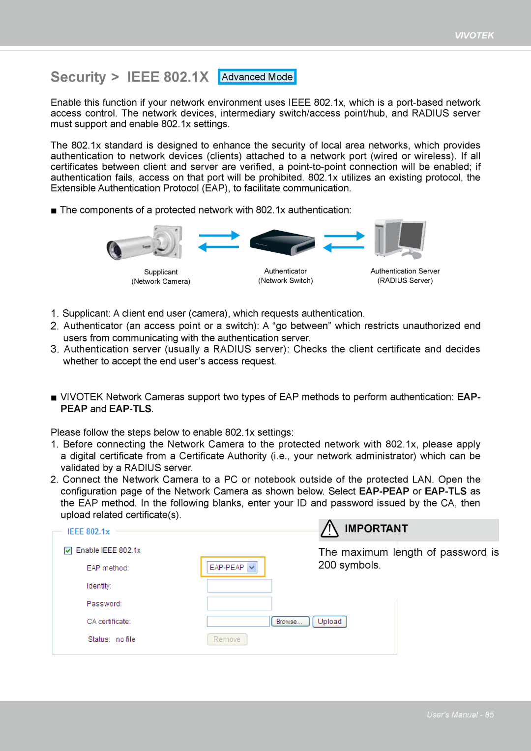 Vivotek IP8337H-C user manual Security Ieee, Maximum length of password is 200 symbols 