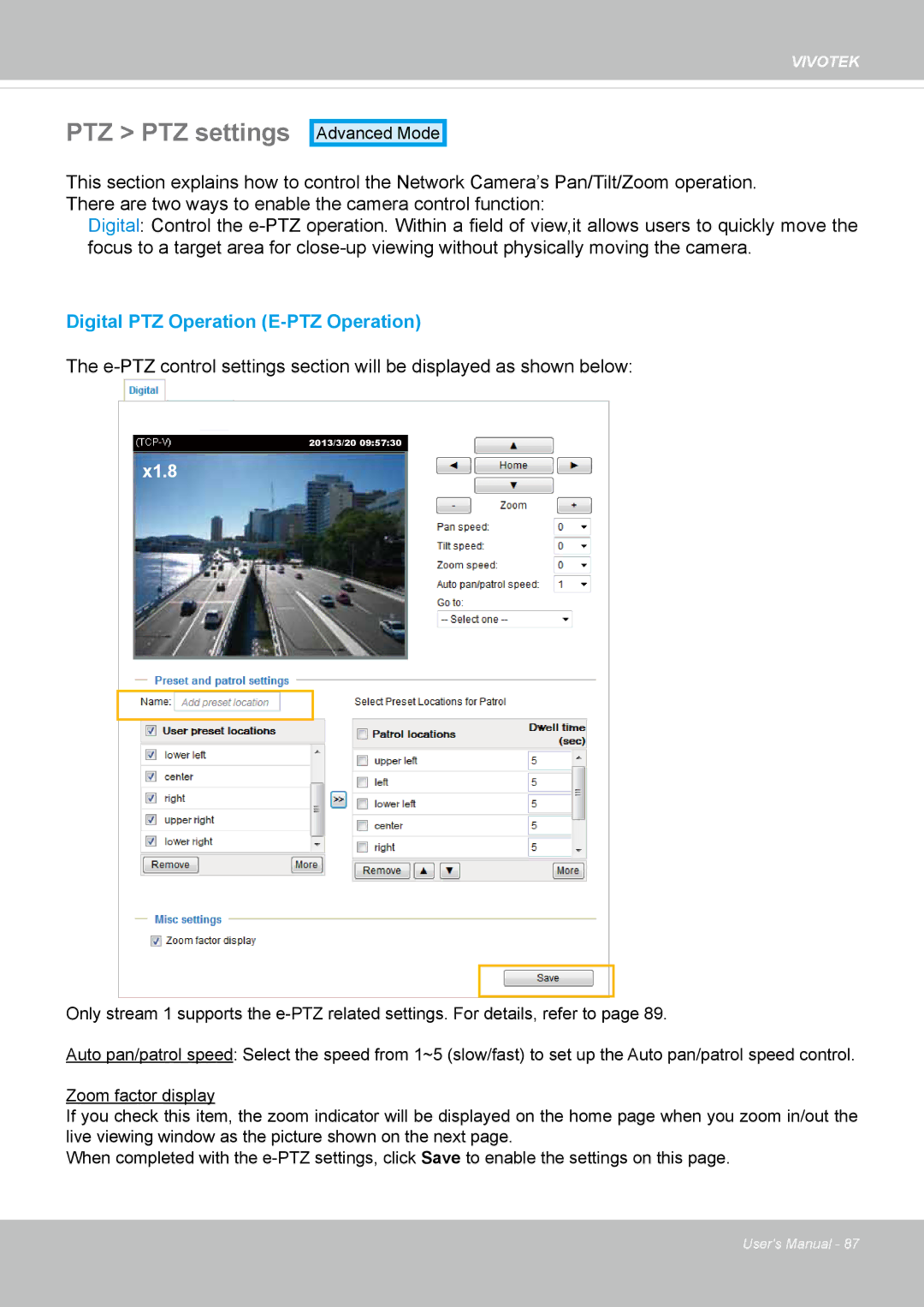 Vivotek IP8337H-C user manual PTZ PTZ settings, X1.8 