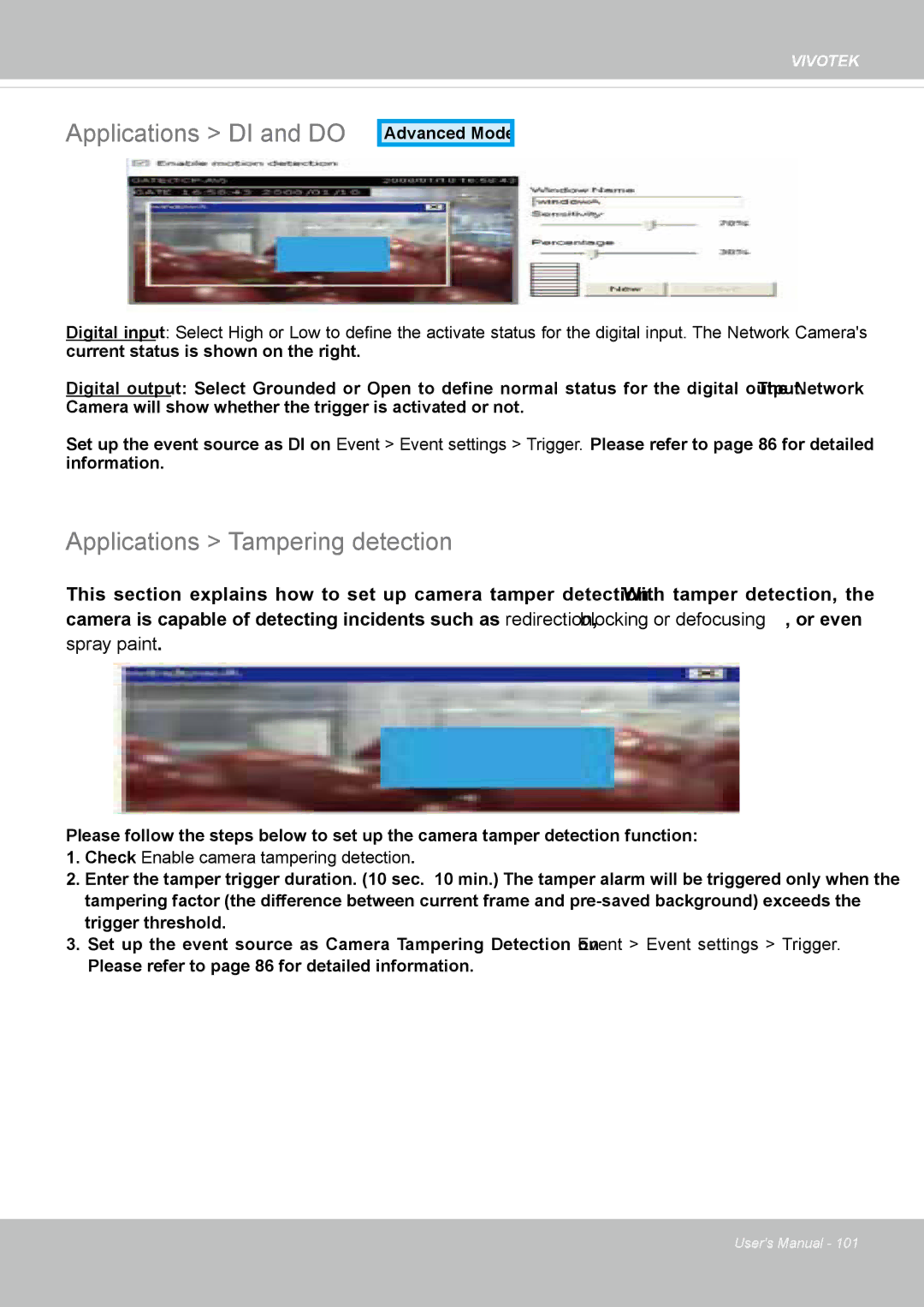 Vivotek IP8352 manual Applications DI and do, Applications Tampering detection 