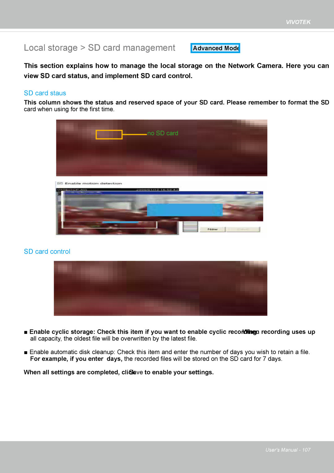 Vivotek IP8352 manual Local storage SD card management, SD card staus, SD card control 