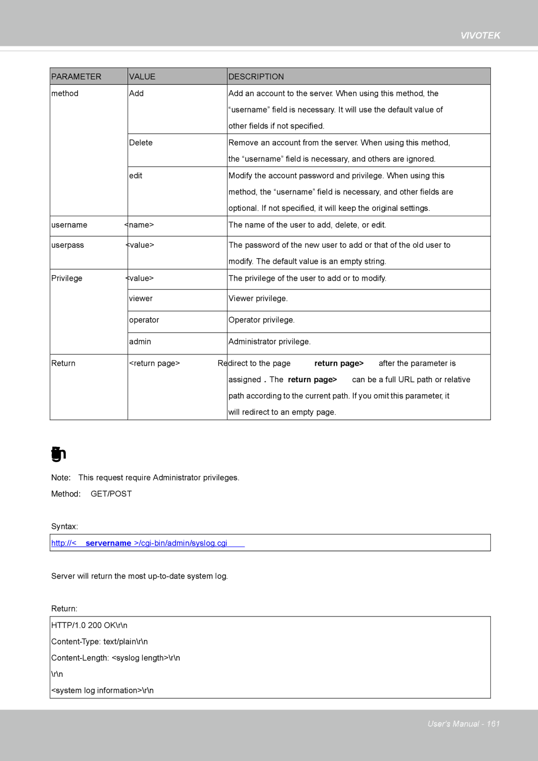 Vivotek IP8352 manual System Logs, Http//servername/cgi-bin/admin/syslog.cgi 