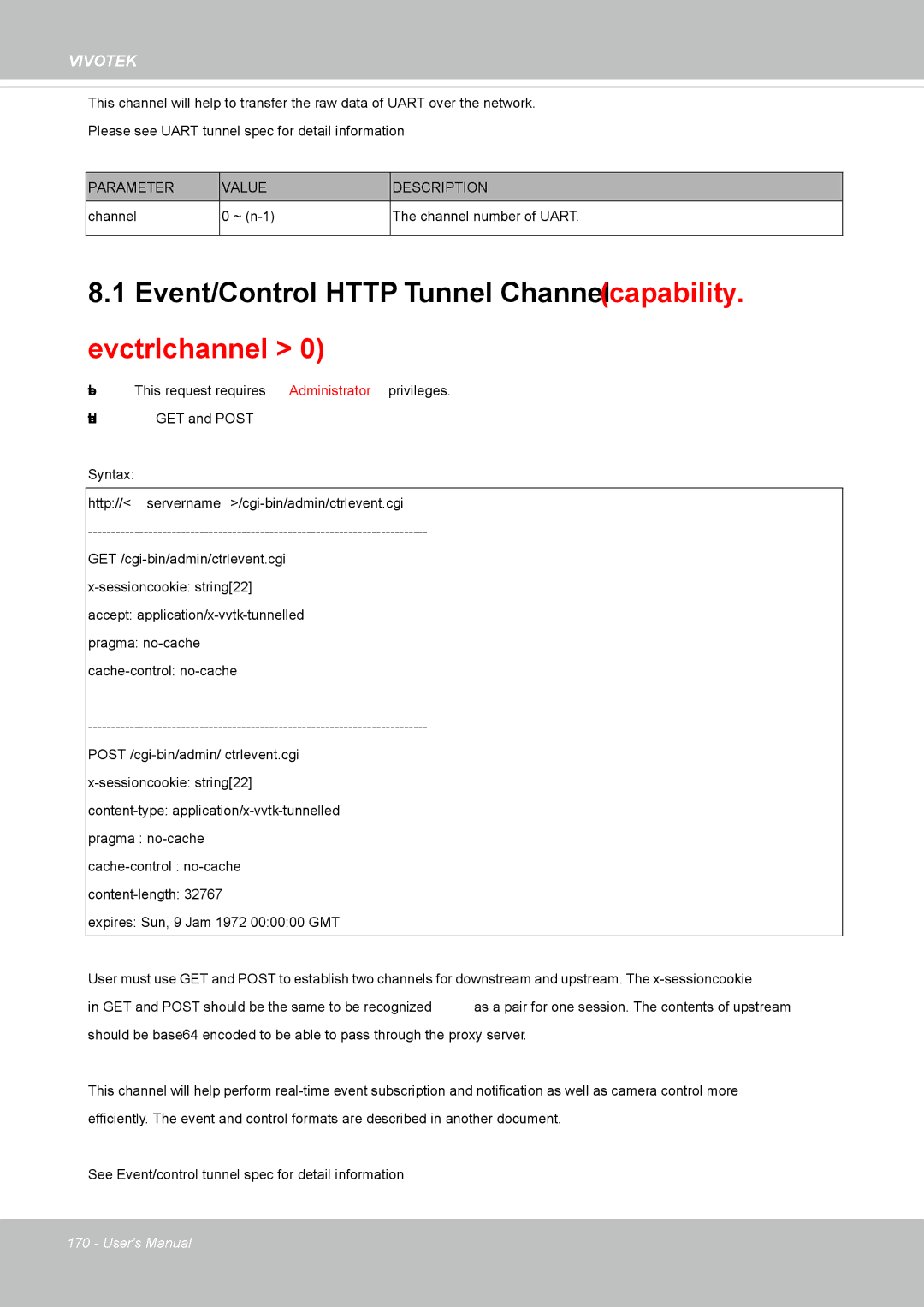 Vivotek IP8352 manual Event/Control Http Tunnel Channel capability. evctrlchannel 