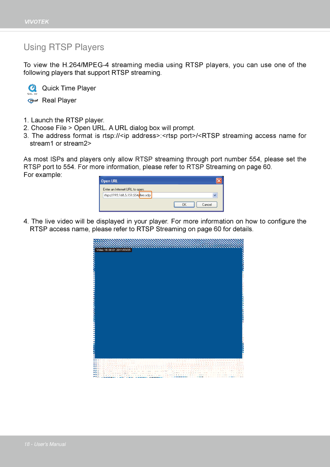 Vivotek IP8352 manual Using Rtsp Players 